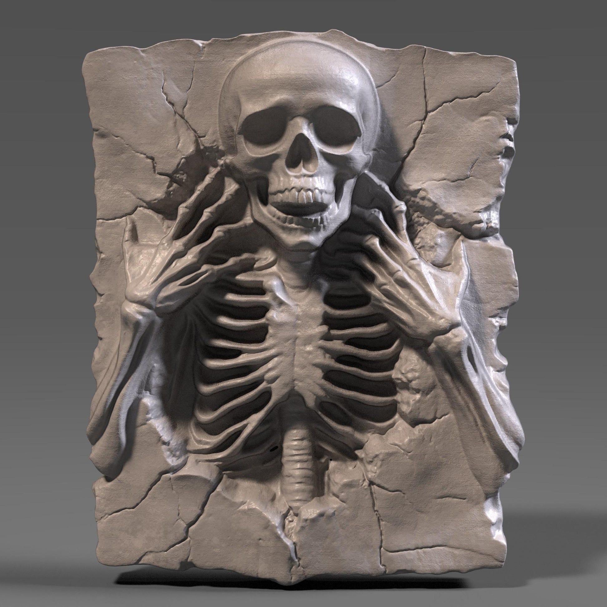 A realistic 3D bas relief of a creepy skeleton carved into a cracked wooden slab, with the skull facing forward and its bony fingers reaching toward its hollow eyes. The ribcage and spine are detailed with deep carvings, enhancing the dramatic lighting and shadows. The wood texture mimics aged and decaying surfaces, giving it an antique look. Ideal for Halloween or gothic-themed decor, CNC or laser carving, this artwork brings haunting depth and eerie charm to any wall.