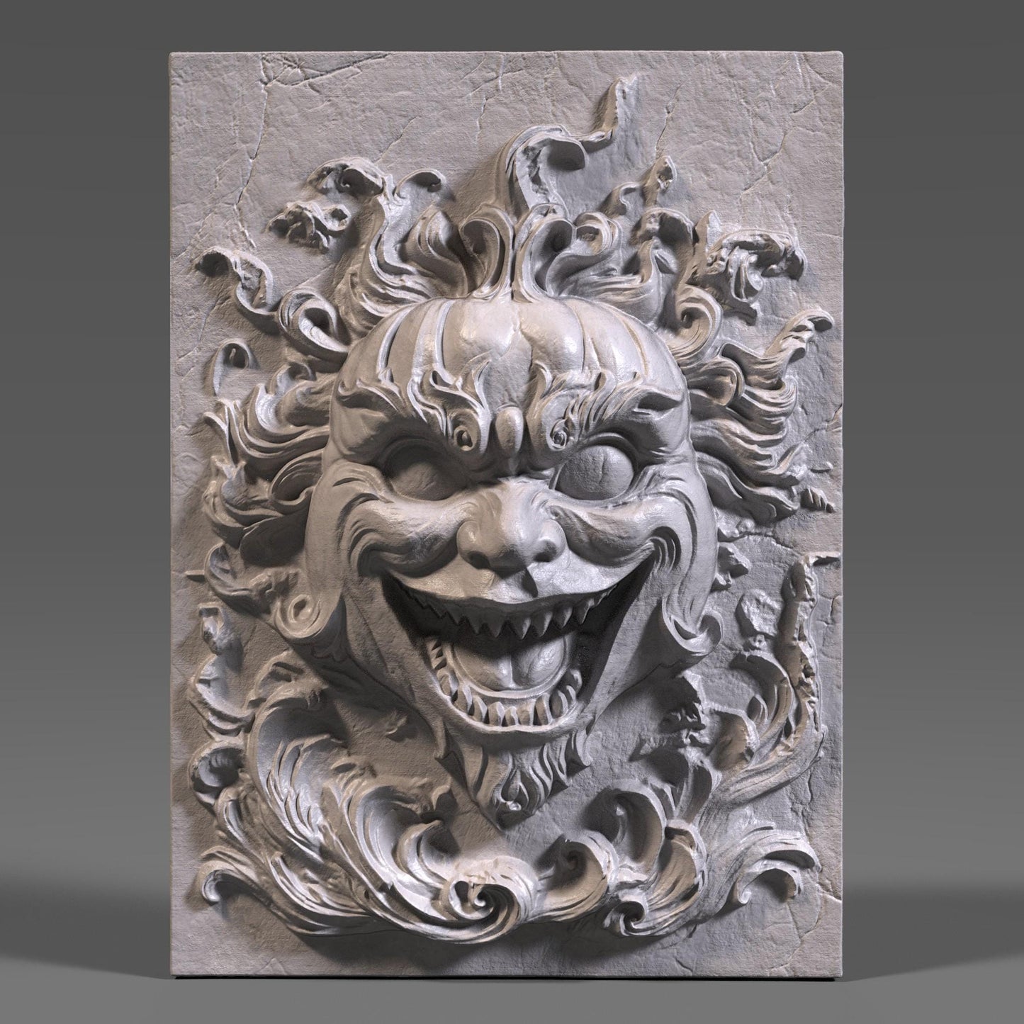 A terrifying 3D wood-carved bas relief of a creepy grinning face with flame-like hair and hollow eyes, evoking a demonic or haunted clown expression. The carving has a high level of detail, with deep grooves and a cracked background that enhances the eerie atmosphere. This scary Halloween-themed wall art is ideal for CNC carving, laser engraving, or 3D printing. Perfect for horror lovers and Halloween enthusiasts decorating haunted spaces with spooky, gothic aesthetics.