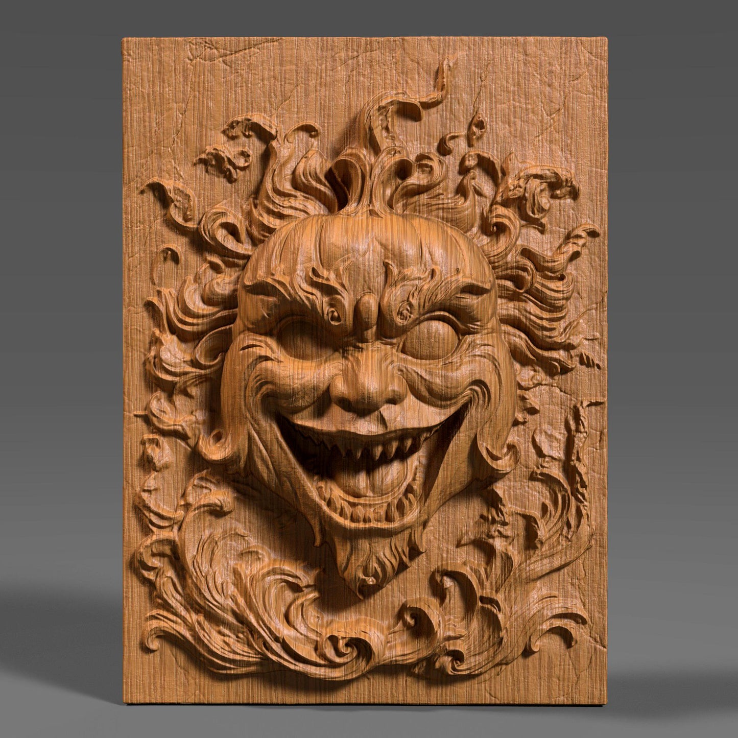 A terrifying 3D wood-carved bas relief of a creepy grinning face with flame-like hair and hollow eyes, evoking a demonic or haunted clown expression. The carving has a high level of detail, with deep grooves and a cracked background that enhances the eerie atmosphere. This scary Halloween-themed wall art is ideal for CNC carving, laser engraving, or 3D printing. Perfect for horror lovers and Halloween enthusiasts decorating haunted spaces with spooky, gothic aesthetics.