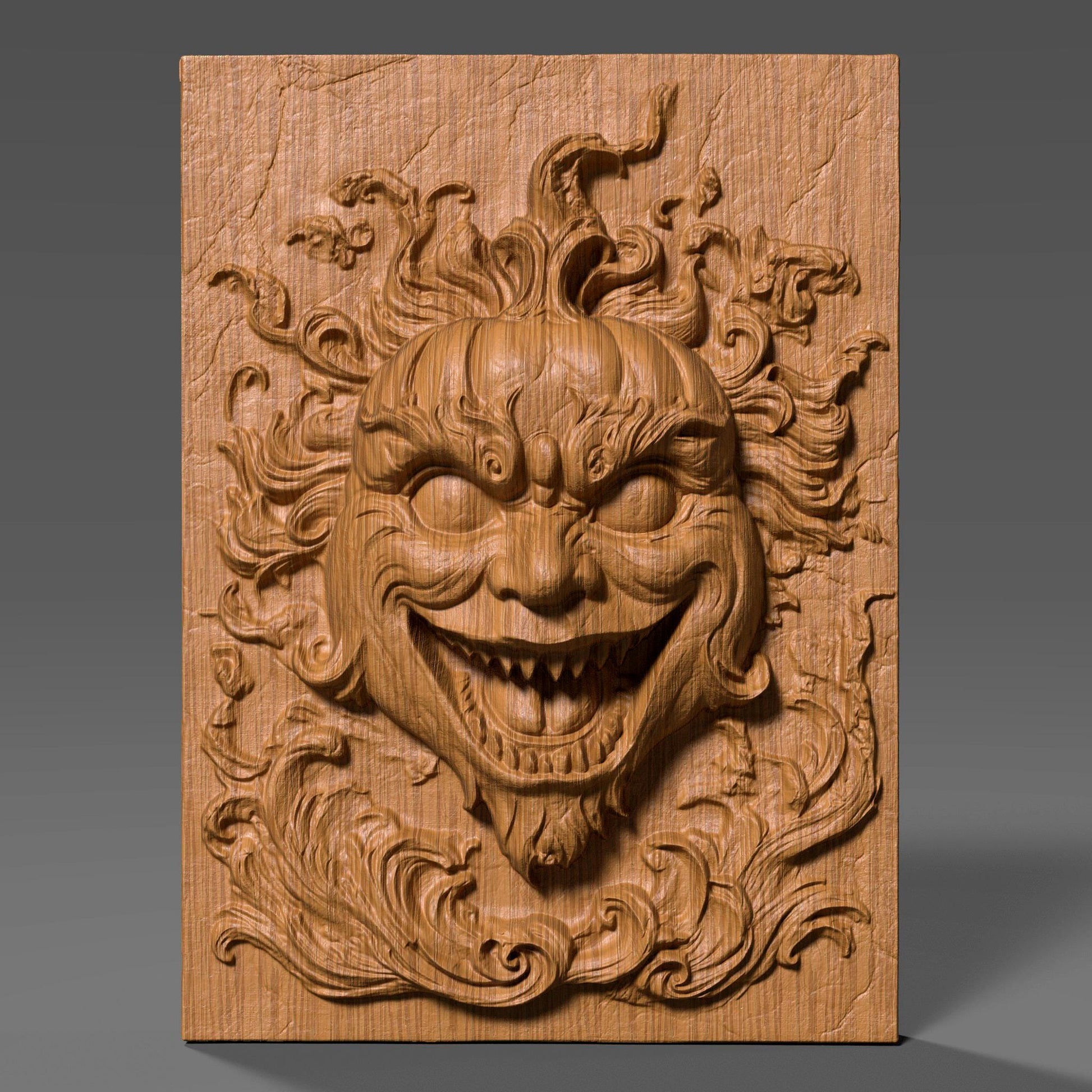 A terrifying 3D wood-carved bas relief of a creepy grinning face with flame-like hair and hollow eyes, evoking a demonic or haunted clown expression. The carving has a high level of detail, with deep grooves and a cracked background that enhances the eerie atmosphere. This scary Halloween-themed wall art is ideal for CNC carving, laser engraving, or 3D printing. Perfect for horror lovers and Halloween enthusiasts decorating haunted spaces with spooky, gothic aesthetics.
