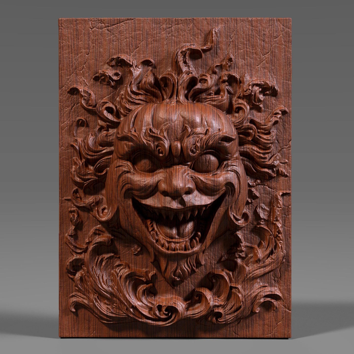 A terrifying 3D wood-carved bas relief of a creepy grinning face with flame-like hair and hollow eyes, evoking a demonic or haunted clown expression. The carving has a high level of detail, with deep grooves and a cracked background that enhances the eerie atmosphere. This scary Halloween-themed wall art is ideal for CNC carving, laser engraving, or 3D printing. Perfect for horror lovers and Halloween enthusiasts decorating haunted spaces with spooky, gothic aesthetics.