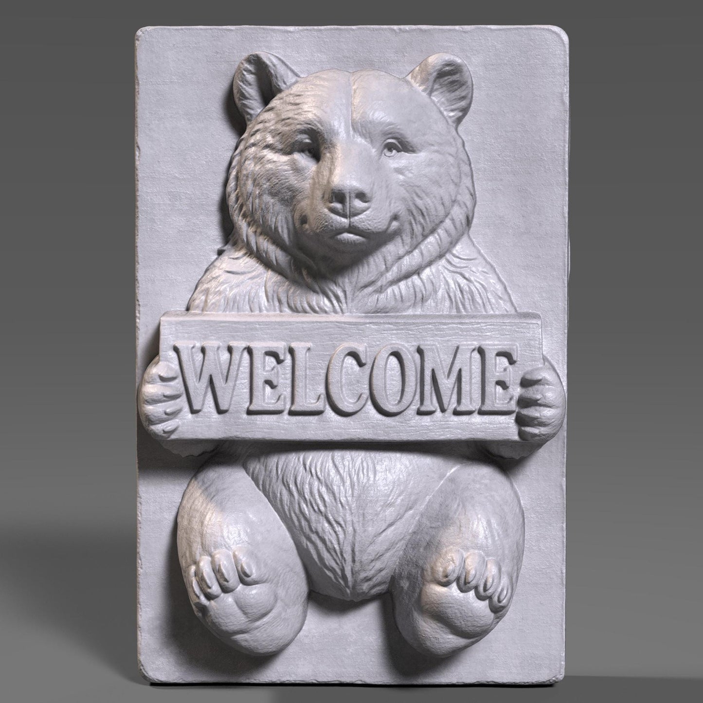 3D realistic bas-relief of a friendly bear holding a wooden plank engraved with the word “WELCOME,” intricately carved in ivory marble style with deep sculptural depth, ideal for CNC carving, laser engraving, or wall art. The bear has expressive eyes, thick fur texture, and rounded paws, designed to suit rustic cabin decor, woodland-themed interiors, and cozy entryways. Perfect for welcoming guests with charm and natural warmth.
