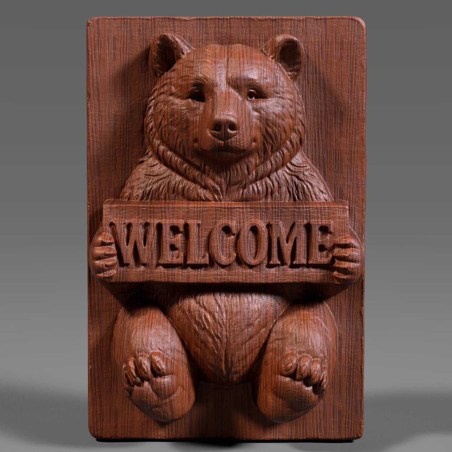 3D realistic bas-relief of a friendly bear holding a wooden plank engraved with the word “WELCOME,” intricately carved in ivory marble style with deep sculptural depth, ideal for CNC carving, laser engraving, or wall art. The bear has expressive eyes, thick fur texture, and rounded paws, designed to suit rustic cabin decor, woodland-themed interiors, and cozy entryways. Perfect for welcoming guests with charm and natural warmth.
