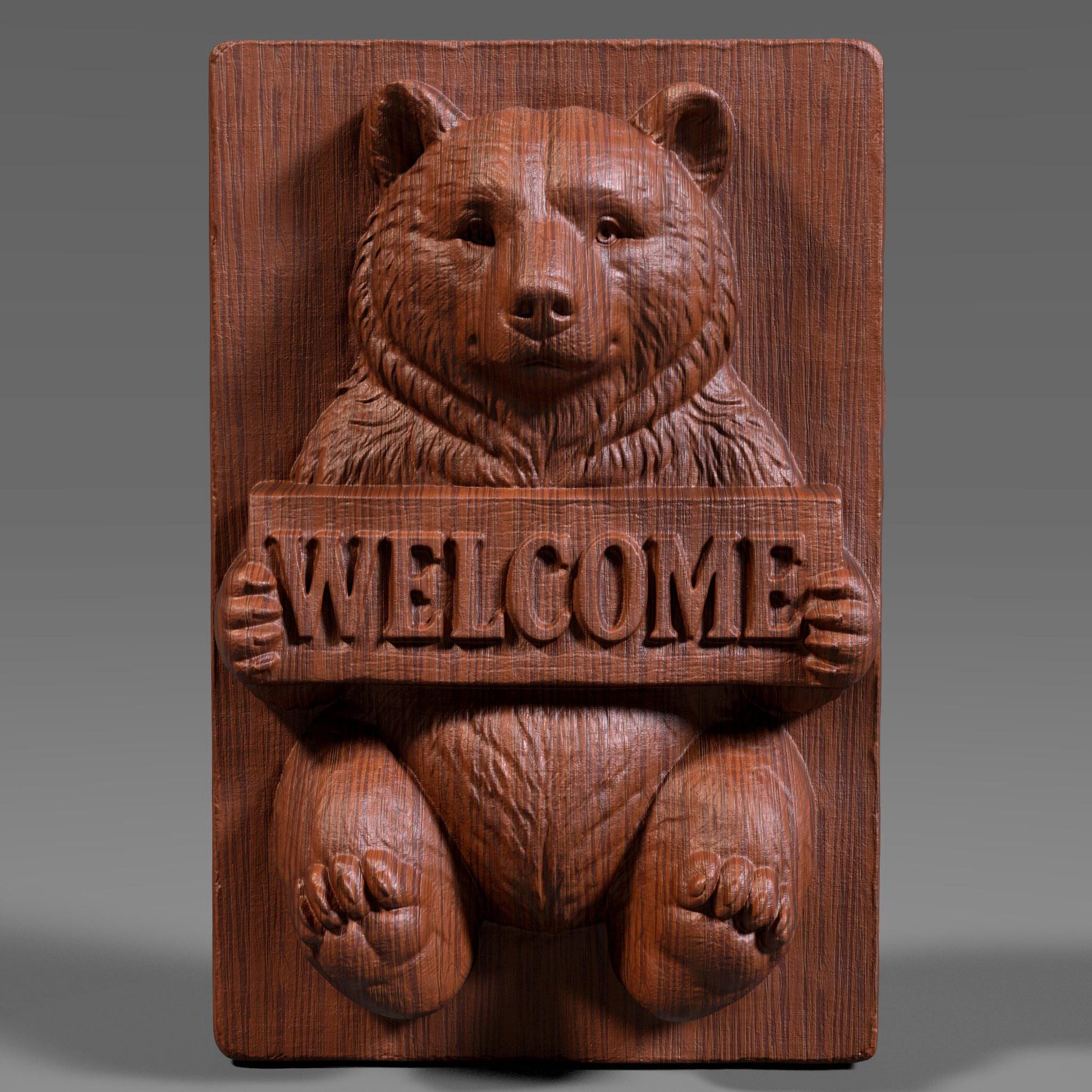 3D realistic bas-relief of a friendly bear holding a wooden plank engraved with the word “WELCOME,” intricately carved in ivory marble style with deep sculptural depth, ideal for CNC carving, laser engraving, or wall art. The bear has expressive eyes, thick fur texture, and rounded paws, designed to suit rustic cabin decor, woodland-themed interiors, and cozy entryways. Perfect for welcoming guests with charm and natural warmth.