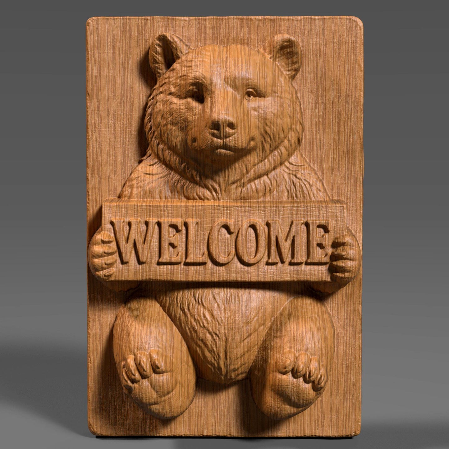 3D realistic bas-relief of a friendly bear holding a wooden plank engraved with the word “WELCOME,” intricately carved in ivory marble style with deep sculptural depth, ideal for CNC carving, laser engraving, or wall art. The bear has expressive eyes, thick fur texture, and rounded paws, designed to suit rustic cabin decor, woodland-themed interiors, and cozy entryways. Perfect for welcoming guests with charm and natural warmth.