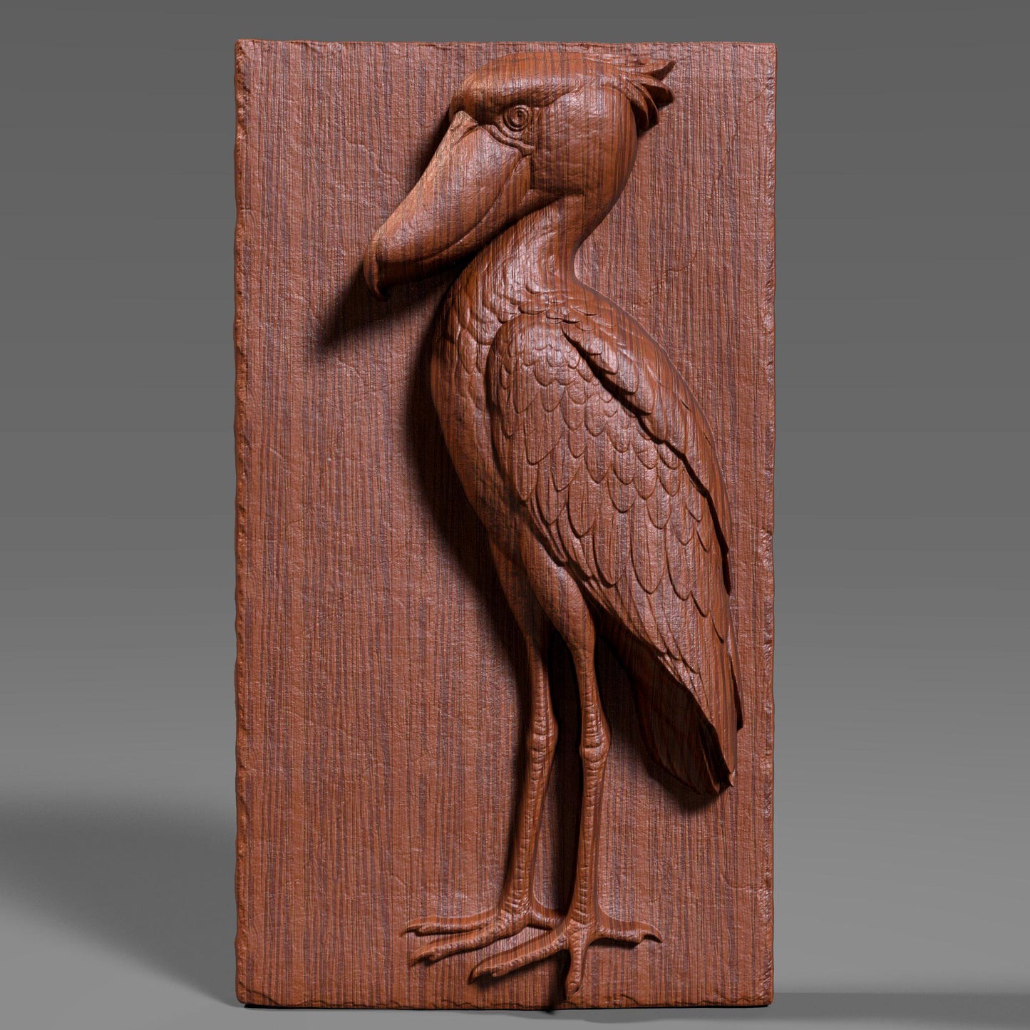 3D bas-relief carving of a majestic shoebill stork etched into a vertical wood panel, showcasing intricate feather details and a proud pose with its oversized beak and long legs. The digital sculpture highlights natural wood grain with depth and realism, suitable for CNC routing or laser engraving. Ideal for wildlife wall art, nature decor, or ornamental wood panels, this design captures the exotic elegance of the shoebill bird in a timeless, carved wooden form.