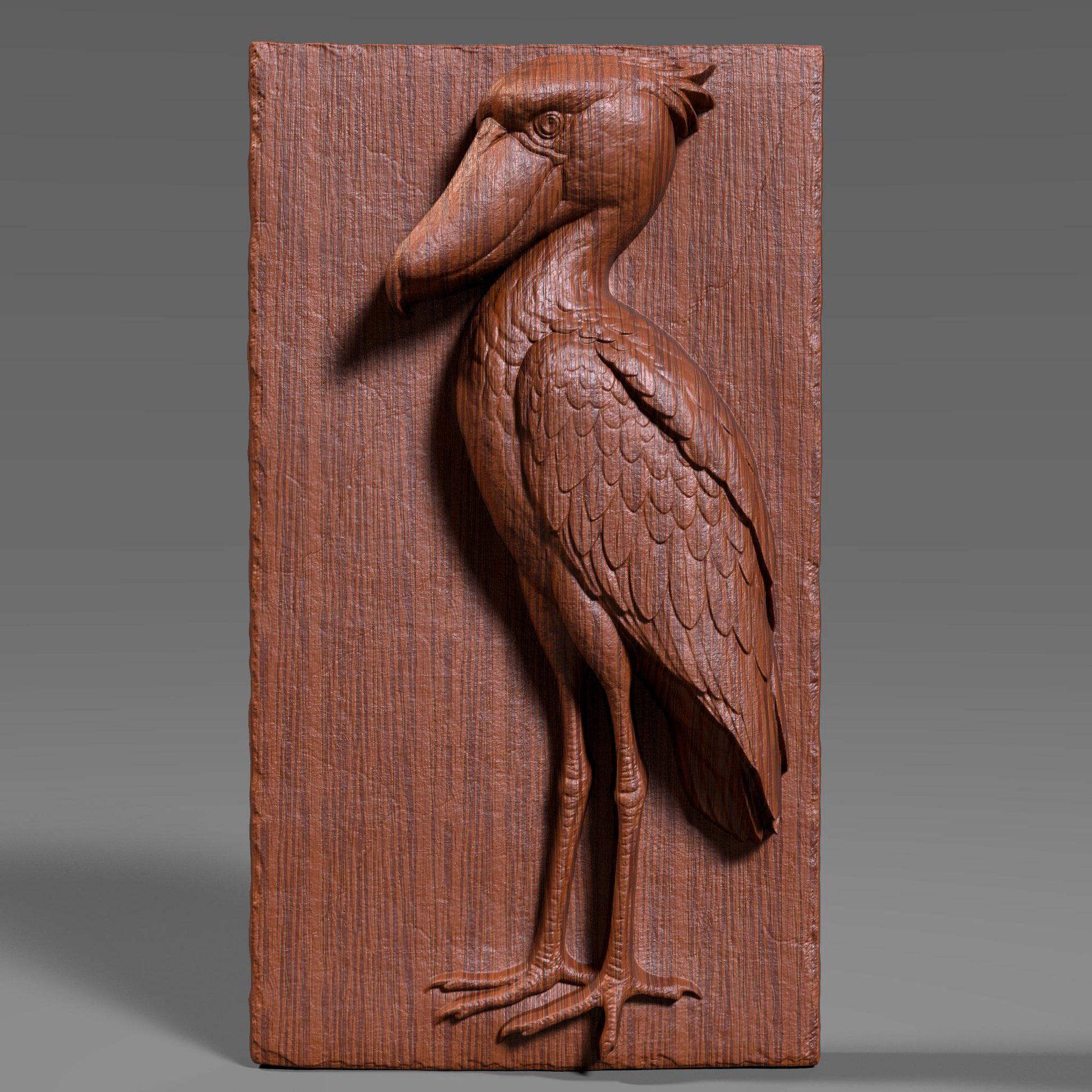 3D bas-relief carving of a majestic shoebill stork etched into a vertical wood panel, showcasing intricate feather details and a proud pose with its oversized beak and long legs. The digital sculpture highlights natural wood grain with depth and realism, suitable for CNC routing or laser engraving. Ideal for wildlife wall art, nature decor, or ornamental wood panels, this design captures the exotic elegance of the shoebill bird in a timeless, carved wooden form.
