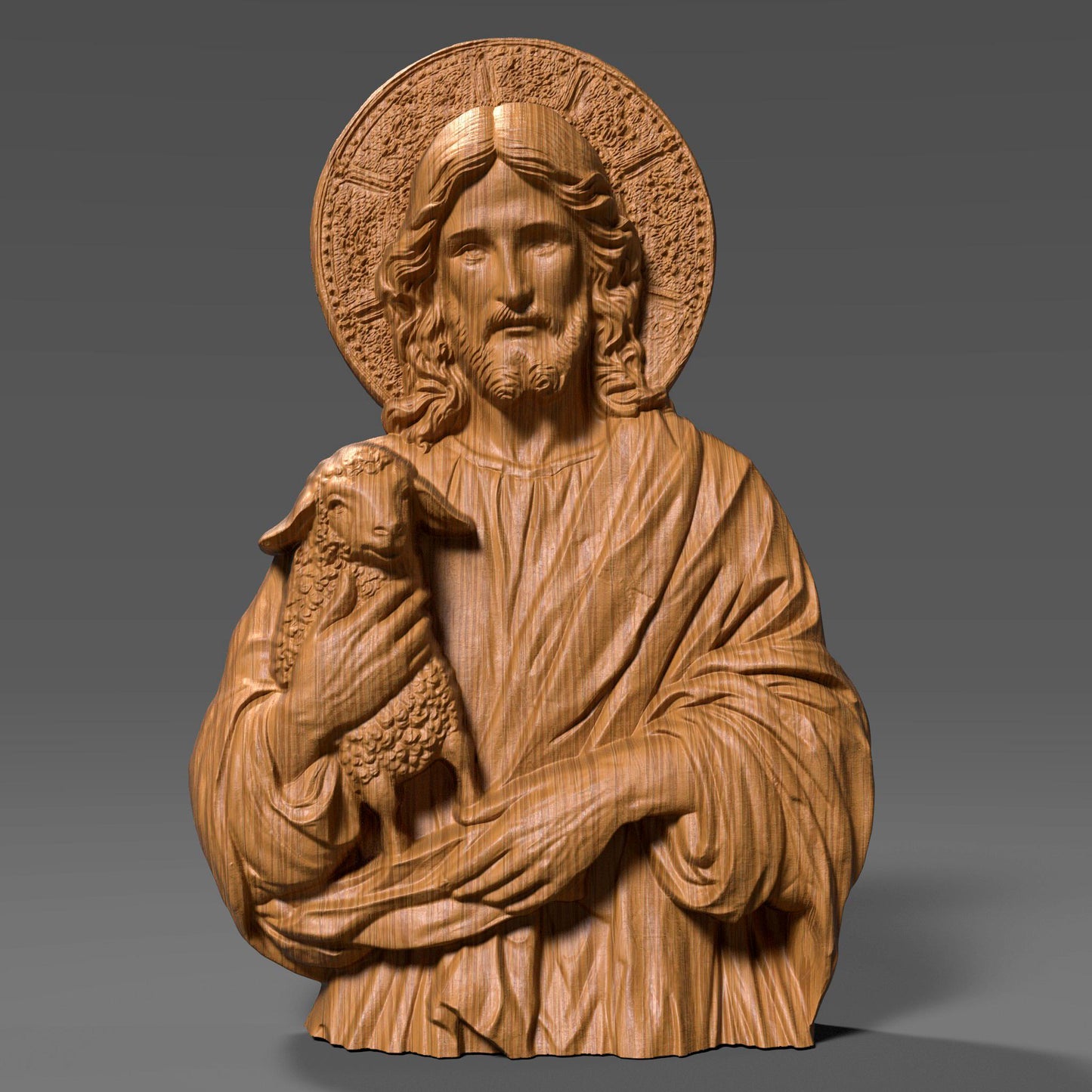 3D bas-relief carving of Jesus Christ tenderly holding a lamb, symbolizing the Good Shepherd, rendered in a wooden texture with detailed folds in the robe and a radiant halo behind His head. The serene facial expression and lifelike curly wool on the lamb reflect deep spiritual care and protection. This artwork is ideal for Christian homes, churches, and religious gift-giving, designed as a CNC-friendly wood decor panel for laser engraving or wall display.