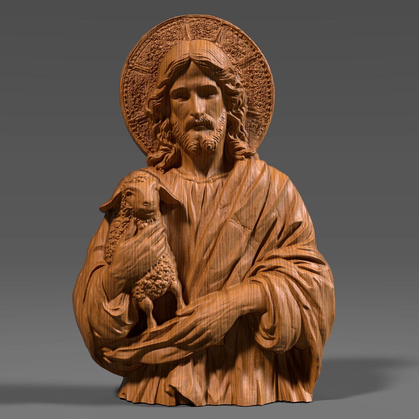 3D bas-relief carving of Jesus Christ tenderly holding a lamb, symbolizing the Good Shepherd, rendered in a wooden texture with detailed folds in the robe and a radiant halo behind His head. The serene facial expression and lifelike curly wool on the lamb reflect deep spiritual care and protection. This artwork is ideal for Christian homes, churches, and religious gift-giving, designed as a CNC-friendly wood decor panel for laser engraving or wall display.