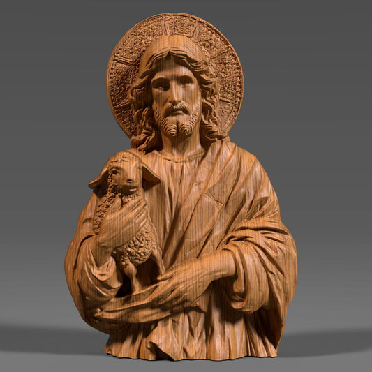3D bas-relief carving of Jesus Christ tenderly holding a lamb, symbolizing the Good Shepherd, rendered in a wooden texture with detailed folds in the robe and a radiant halo behind His head. The serene facial expression and lifelike curly wool on the lamb reflect deep spiritual care and protection. This artwork is ideal for Christian homes, churches, and religious gift-giving, designed as a CNC-friendly wood decor panel for laser engraving or wall display.