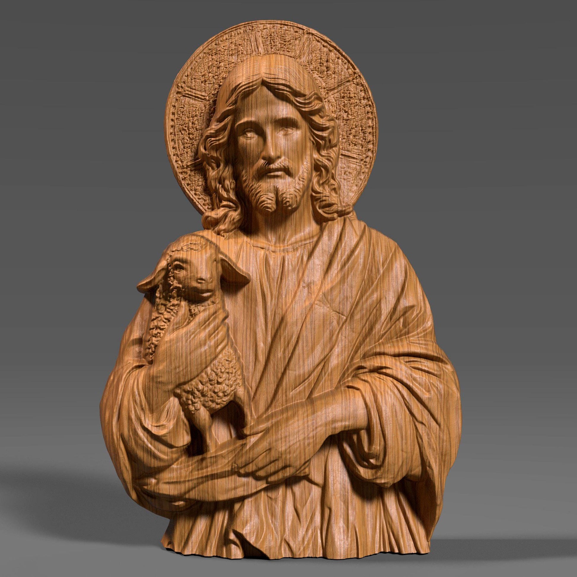 3D bas-relief carving of Jesus Christ tenderly holding a lamb, symbolizing the Good Shepherd, rendered in a wooden texture with detailed folds in the robe and a radiant halo behind His head. The serene facial expression and lifelike curly wool on the lamb reflect deep spiritual care and protection. This artwork is ideal for Christian homes, churches, and religious gift-giving, designed as a CNC-friendly wood decor panel for laser engraving or wall display.