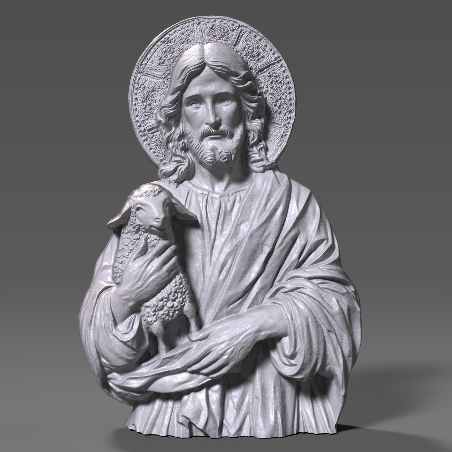 3D bas-relief carving of Jesus Christ tenderly holding a lamb, symbolizing the Good Shepherd, rendered in a wooden texture with detailed folds in the robe and a radiant halo behind His head. The serene facial expression and lifelike curly wool on the lamb reflect deep spiritual care and protection. This artwork is ideal for Christian homes, churches, and religious gift-giving, designed as a CNC-friendly wood decor panel for laser engraving or wall display.