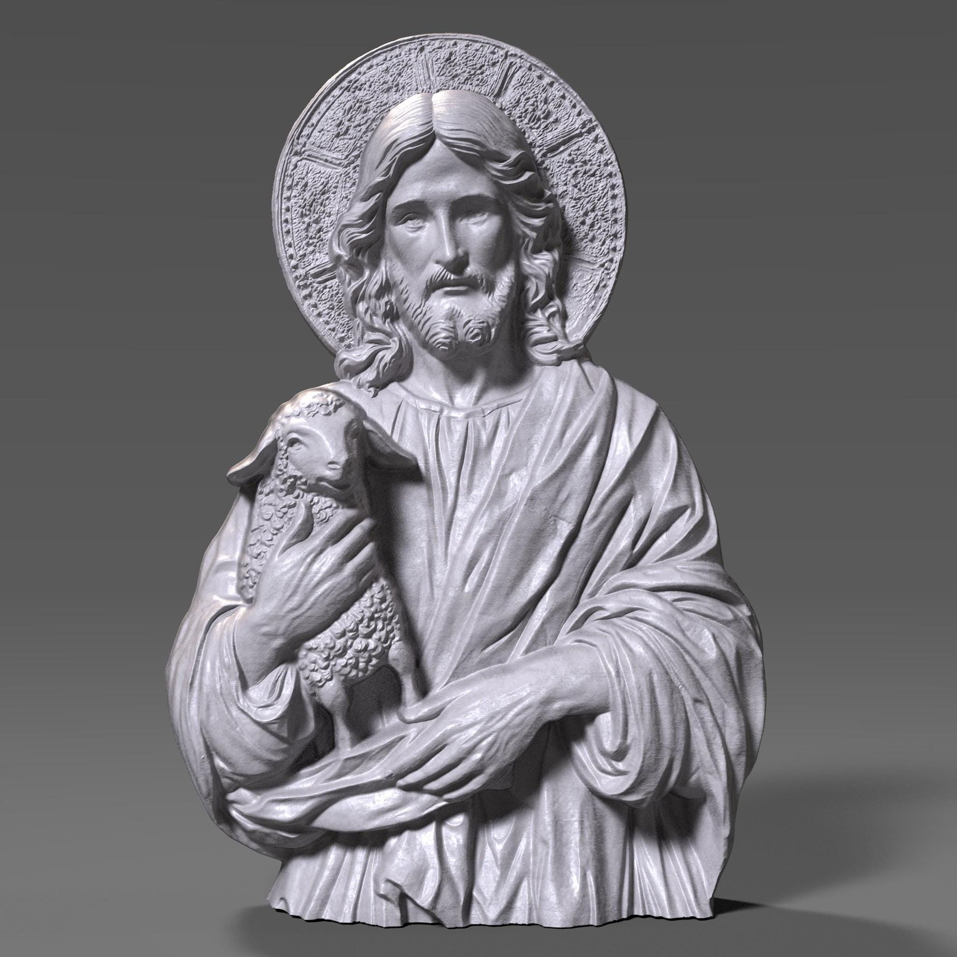 3D bas-relief carving of Jesus Christ tenderly holding a lamb, symbolizing the Good Shepherd, rendered in a wooden texture with detailed folds in the robe and a radiant halo behind His head. The serene facial expression and lifelike curly wool on the lamb reflect deep spiritual care and protection. This artwork is ideal for Christian homes, churches, and religious gift-giving, designed as a CNC-friendly wood decor panel for laser engraving or wall display.
