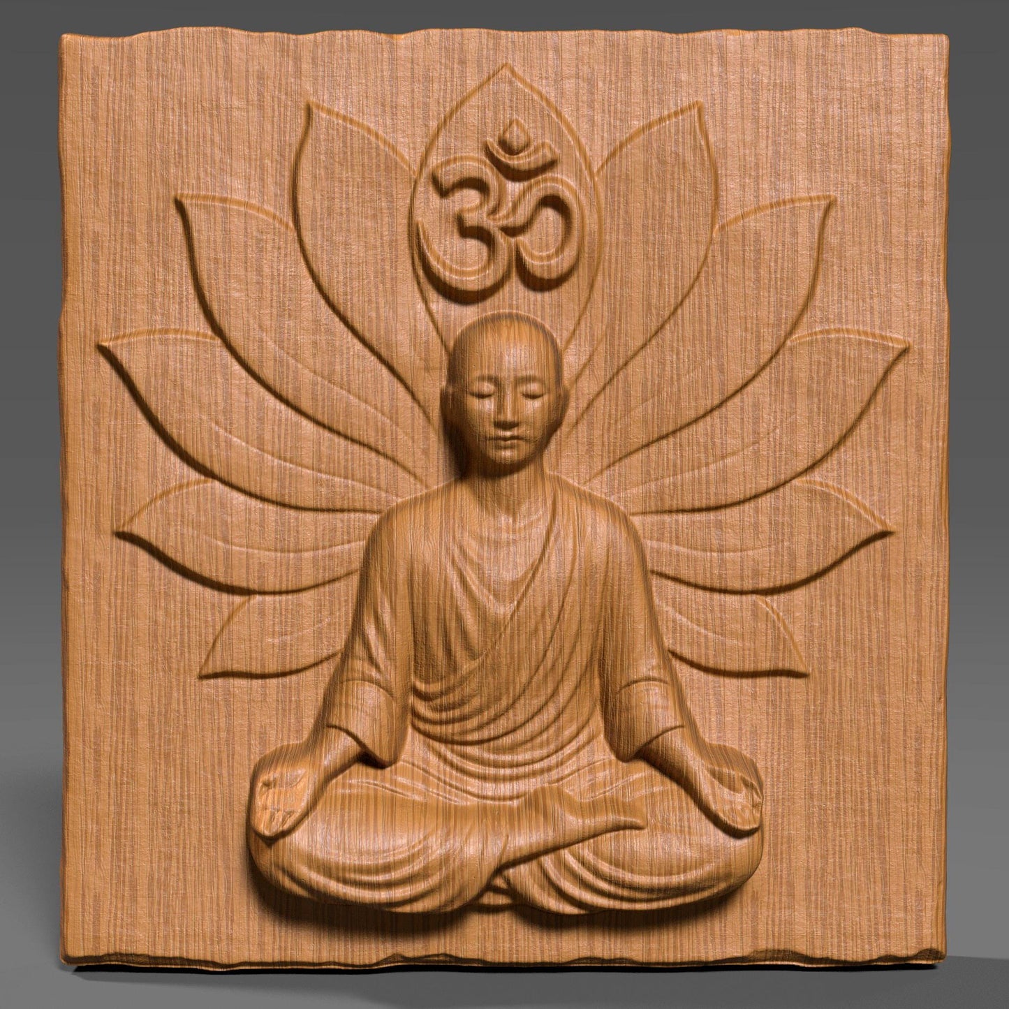 3D wood carving panel featuring a serene meditating Buddha figure seated in a lotus position with a blooming lotus flower backdrop and the sacred Om symbol above the head. The finely detailed relief is carved into a natural wood slab with visible wood grain texture. The piece exudes peaceful energy, making it ideal for spiritual spaces, yoga rooms, meditation corners, or Zen home decor. The deep carving adds elegant shadow play, enhancing its spiritual and artistic impact.