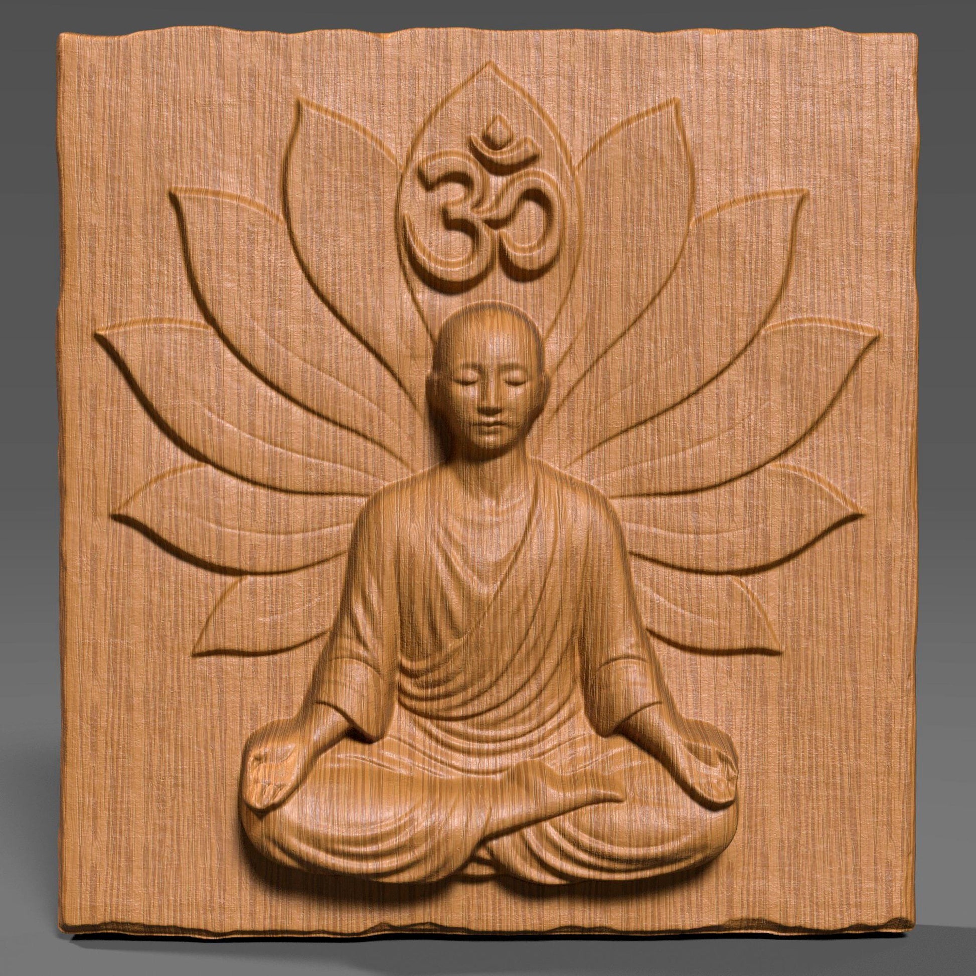3D wood carving panel featuring a serene meditating Buddha figure seated in a lotus position with a blooming lotus flower backdrop and the sacred Om symbol above the head. The finely detailed relief is carved into a natural wood slab with visible wood grain texture. The piece exudes peaceful energy, making it ideal for spiritual spaces, yoga rooms, meditation corners, or Zen home decor. The deep carving adds elegant shadow play, enhancing its spiritual and artistic impact.