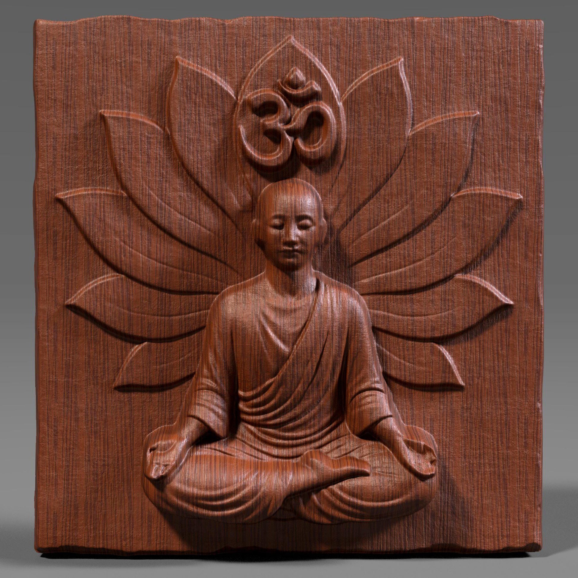 3D wood carving panel featuring a serene meditating Buddha figure seated in a lotus position with a blooming lotus flower backdrop and the sacred Om symbol above the head. The finely detailed relief is carved into a natural wood slab with visible wood grain texture. The piece exudes peaceful energy, making it ideal for spiritual spaces, yoga rooms, meditation corners, or Zen home decor. The deep carving adds elegant shadow play, enhancing its spiritual and artistic impact.