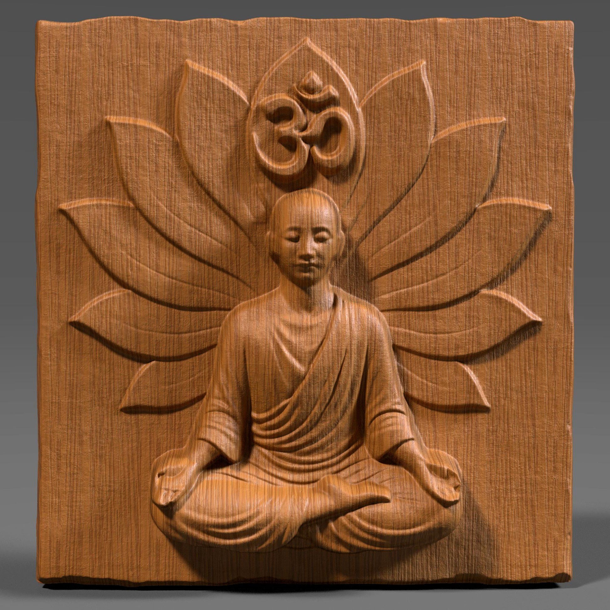 3D wood carving panel featuring a serene meditating Buddha figure seated in a lotus position with a blooming lotus flower backdrop and the sacred Om symbol above the head. The finely detailed relief is carved into a natural wood slab with visible wood grain texture. The piece exudes peaceful energy, making it ideal for spiritual spaces, yoga rooms, meditation corners, or Zen home decor. The deep carving adds elegant shadow play, enhancing its spiritual and artistic impact.