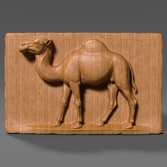 3D realistic wood bas-relief of a single-hump camel in profile, carved into a flat rectangular wooden slab with detailed musculature and natural proportions. The camel is depicted standing with one front leg slightly lifted, capturing a sense of motion and life. The background slab has vertical wood grain texture and slightly chipped edges, enhancing the rustic, handmade look. This artwork is ideal for desert animal lovers, nature-inspired interiors, or as CNC-ready wall decor.