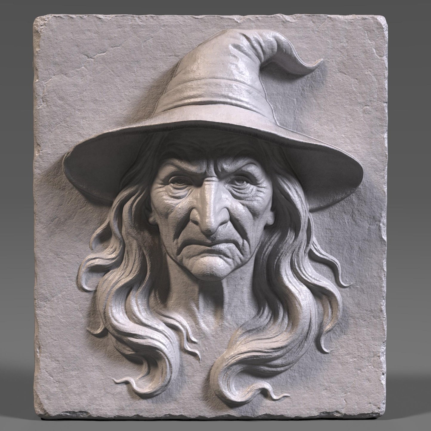 A chilling and highly detailed bas-relief of a classic Halloween witch, featuring a wrinkled face, piercing expression, and iconic pointed hat. Designed as a 3D STL model for CNC wood carving, laser engraving, or resin printing, this piece captures eerie charm and gothic style. Perfect for spooky home décor, haunted house themes, or seasonal wall art. This STL design brings out the Halloween spirit in wood, resin, or stone-like finishes.