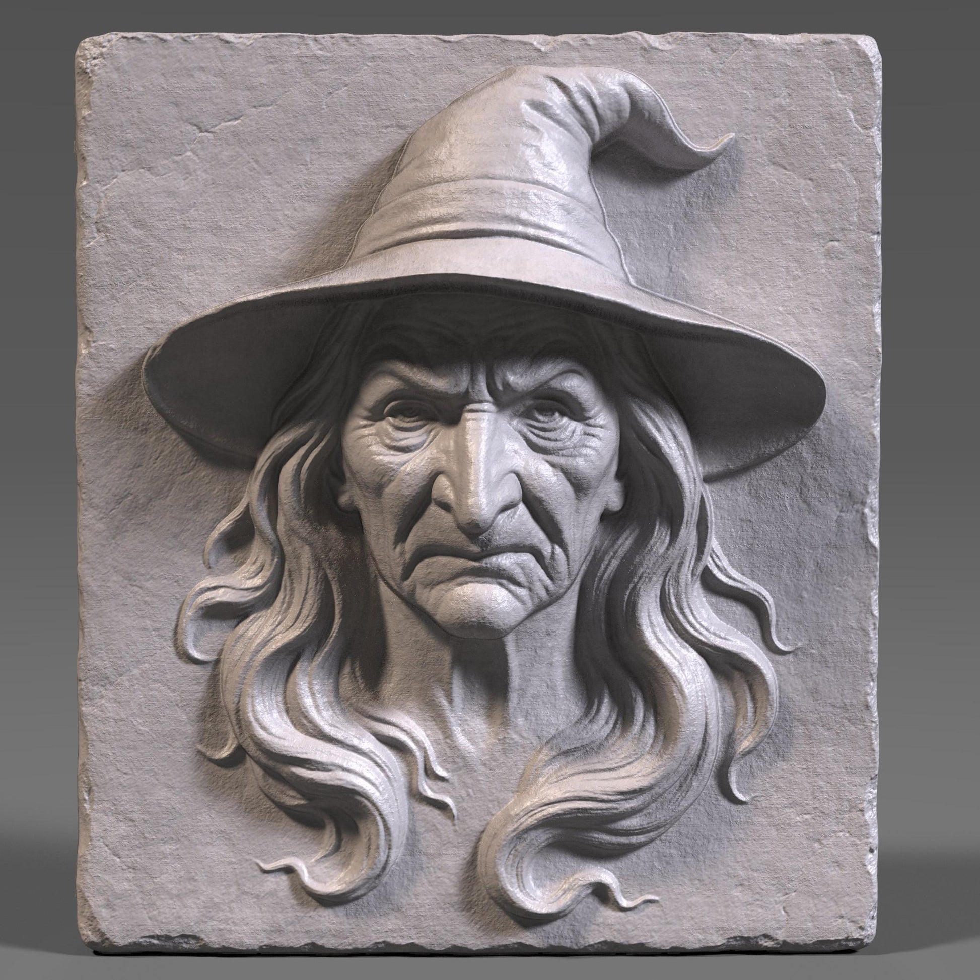 A chilling and highly detailed bas-relief of a classic Halloween witch, featuring a wrinkled face, piercing expression, and iconic pointed hat. Designed as a 3D STL model for CNC wood carving, laser engraving, or resin printing, this piece captures eerie charm and gothic style. Perfect for spooky home décor, haunted house themes, or seasonal wall art. This STL design brings out the Halloween spirit in wood, resin, or stone-like finishes.
