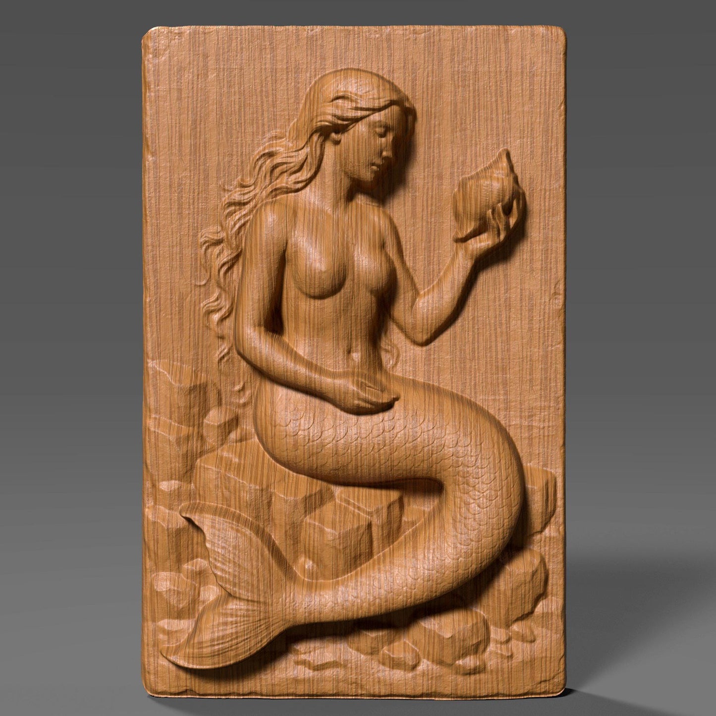 A stunning 3D bas relief of a graceful mermaid sitting among ocean rocks, delicately holding a seashell. Sculpted in elegant detail, this design captures the mystique and beauty of ocean folklore. Ideal for CNC carving, laser engraving, and 3D printing, this fantasy-themed wall art is perfect for sea lovers, nautical interiors, or mythological collections. The piece shines in wood, resin, or marble-style finishes.