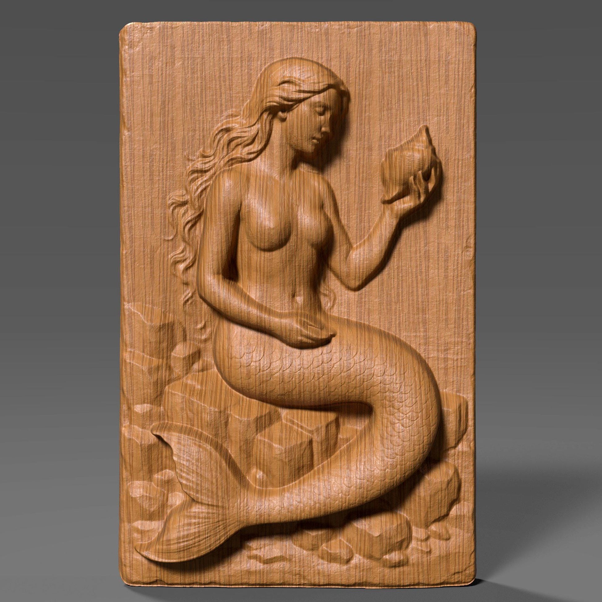 A stunning 3D bas relief of a graceful mermaid sitting among ocean rocks, delicately holding a seashell. Sculpted in elegant detail, this design captures the mystique and beauty of ocean folklore. Ideal for CNC carving, laser engraving, and 3D printing, this fantasy-themed wall art is perfect for sea lovers, nautical interiors, or mythological collections. The piece shines in wood, resin, or marble-style finishes.