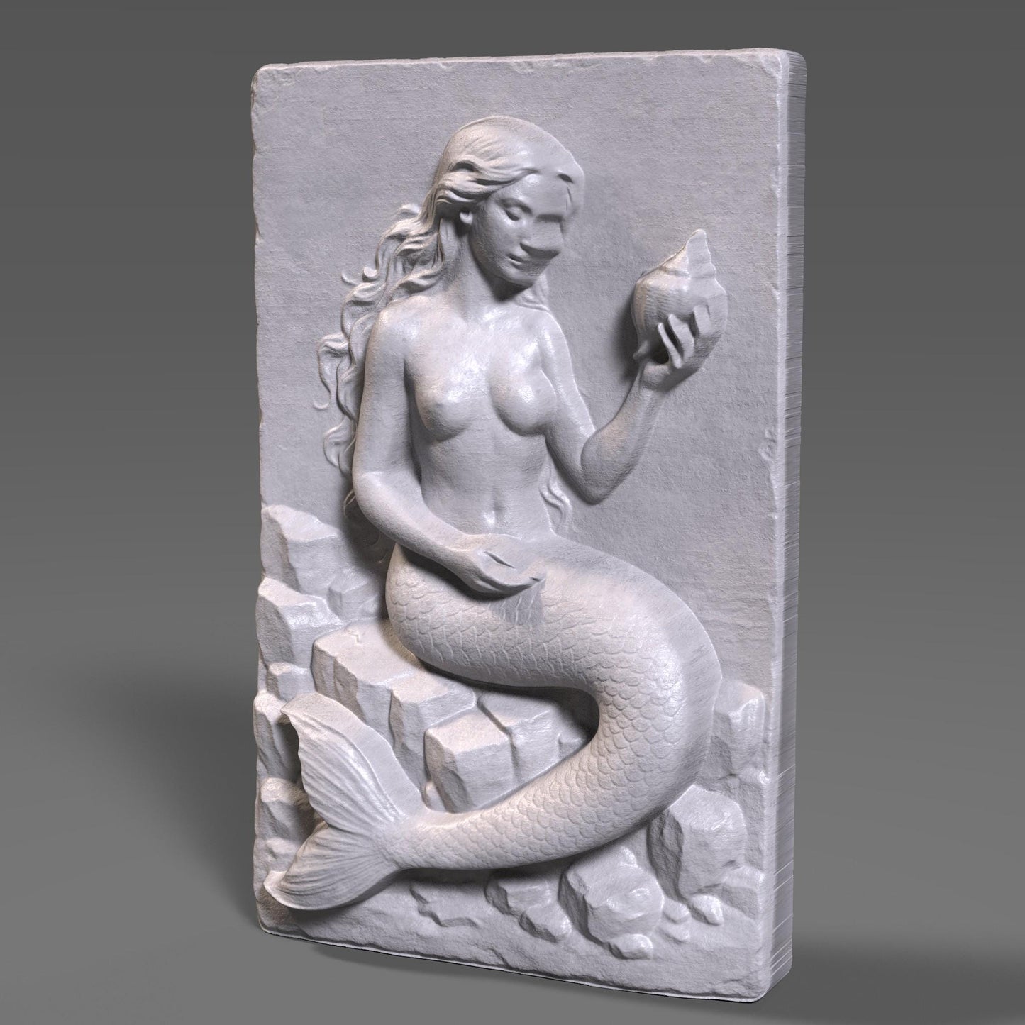 Mermaid Bas Relief STL File: 3D Seashell Wall Art for CNC/Laser