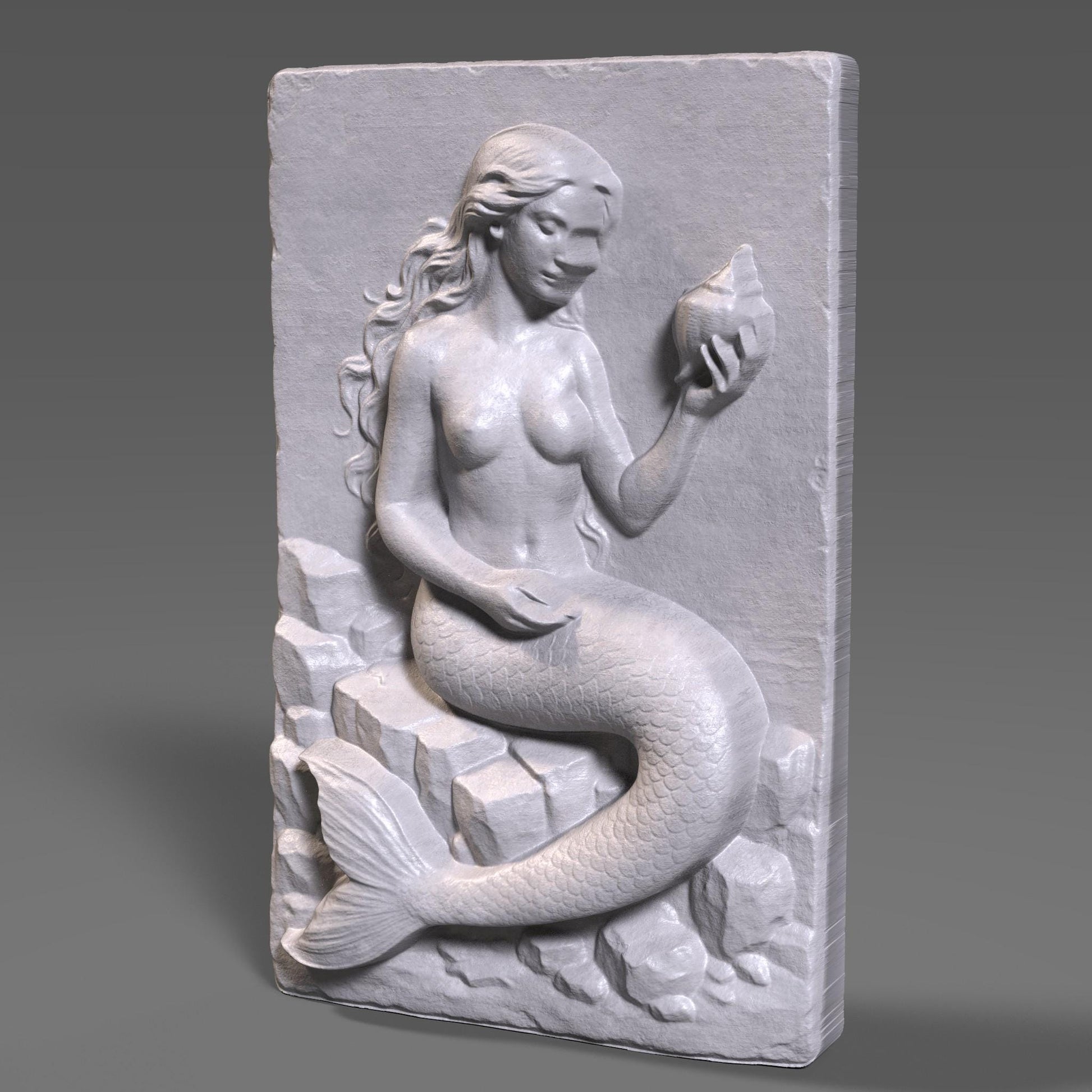 Mermaid Bas Relief STL File: 3D Seashell Wall Art for CNC/Laser