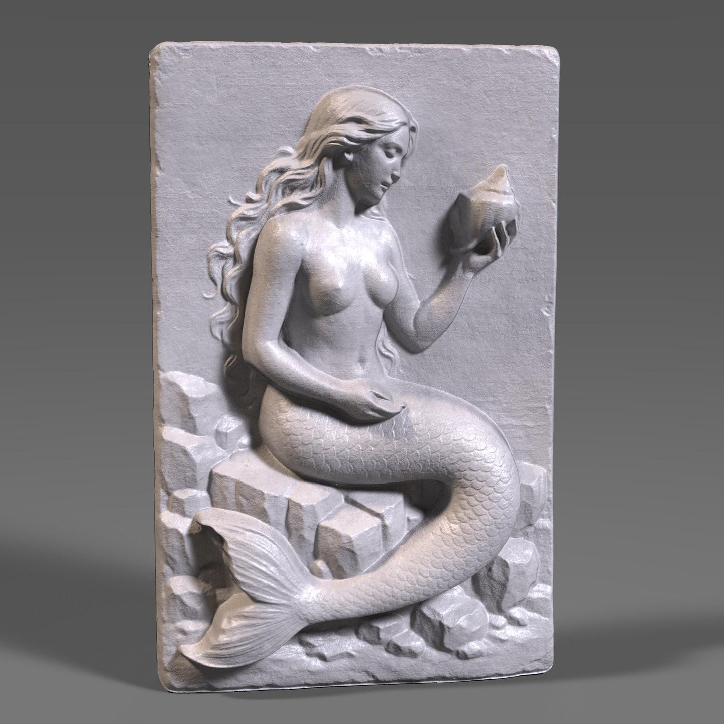 Mermaid Bas Relief STL File: 3D Seashell Wall Art for CNC/Laser