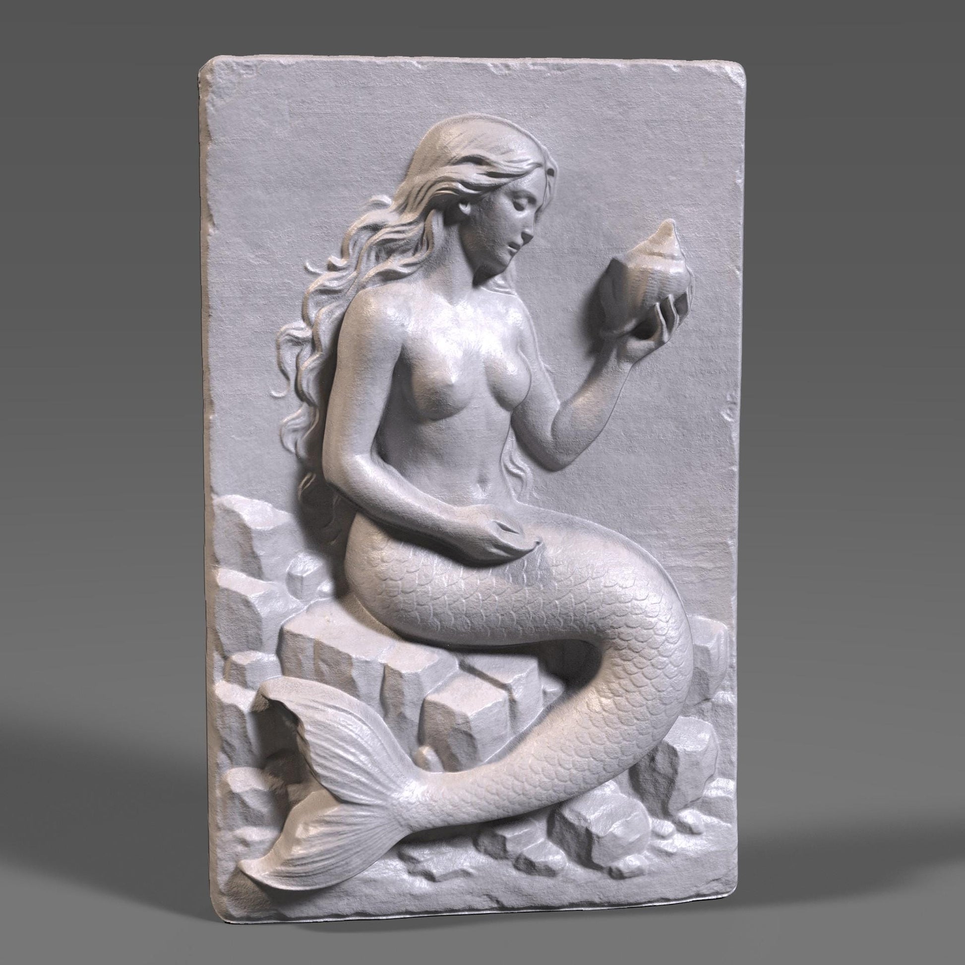 Mermaid Bas Relief STL File: 3D Seashell Wall Art for CNC/Laser