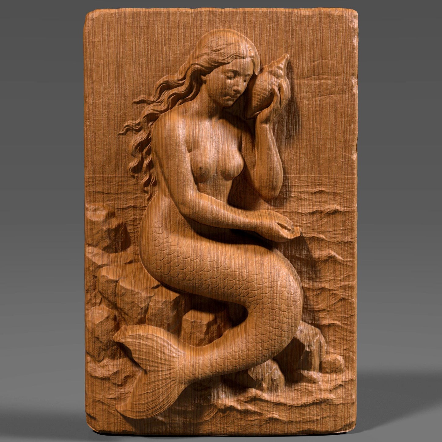 A stunning 3D bas relief of a graceful mermaid sitting among ocean rocks, delicately holding a seashell. Sculpted in elegant detail, this design captures the mystique and beauty of ocean folklore. Ideal for CNC carving, laser engraving, and 3D printing, this fantasy-themed wall art is perfect for sea lovers, nautical interiors, or mythological collections. The piece shines in wood, resin, or marble-style finishes.