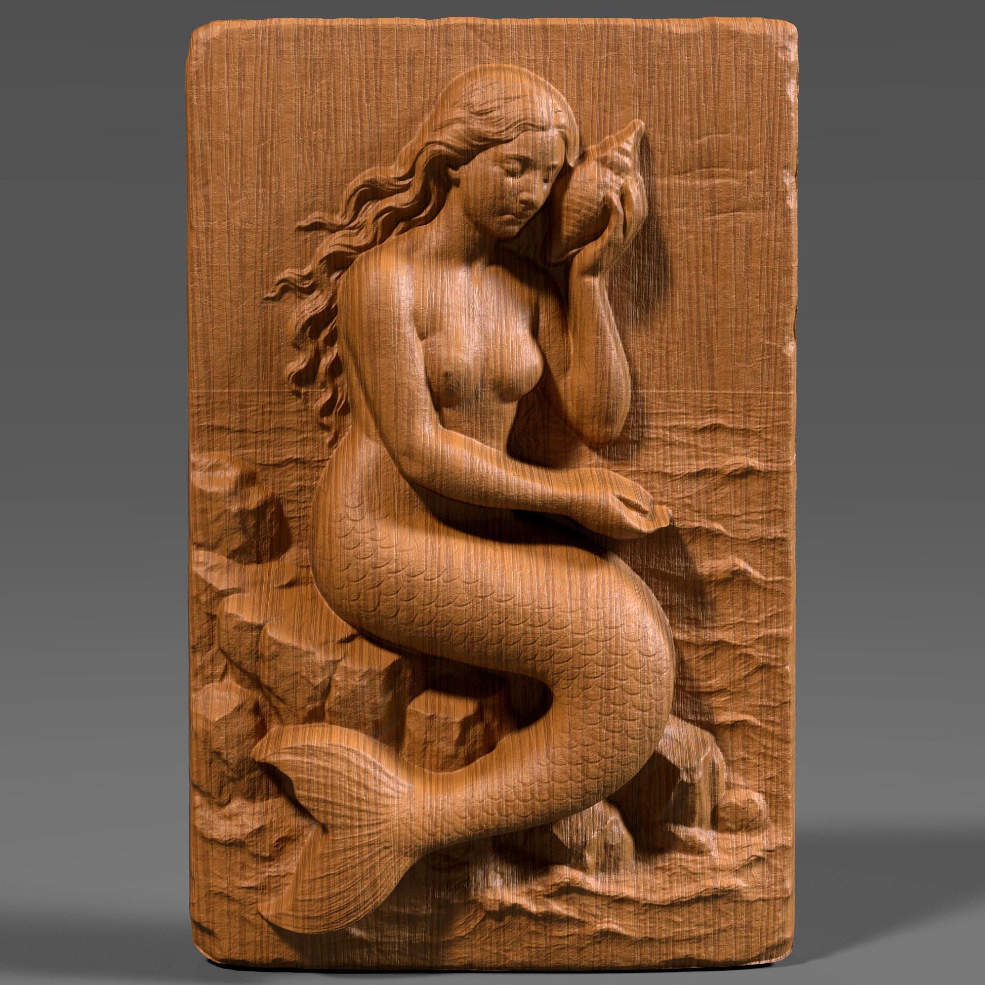 A stunning 3D bas relief of a graceful mermaid sitting among ocean rocks, delicately holding a seashell. Sculpted in elegant detail, this design captures the mystique and beauty of ocean folklore. Ideal for CNC carving, laser engraving, and 3D printing, this fantasy-themed wall art is perfect for sea lovers, nautical interiors, or mythological collections. The piece shines in wood, resin, or marble-style finishes.
