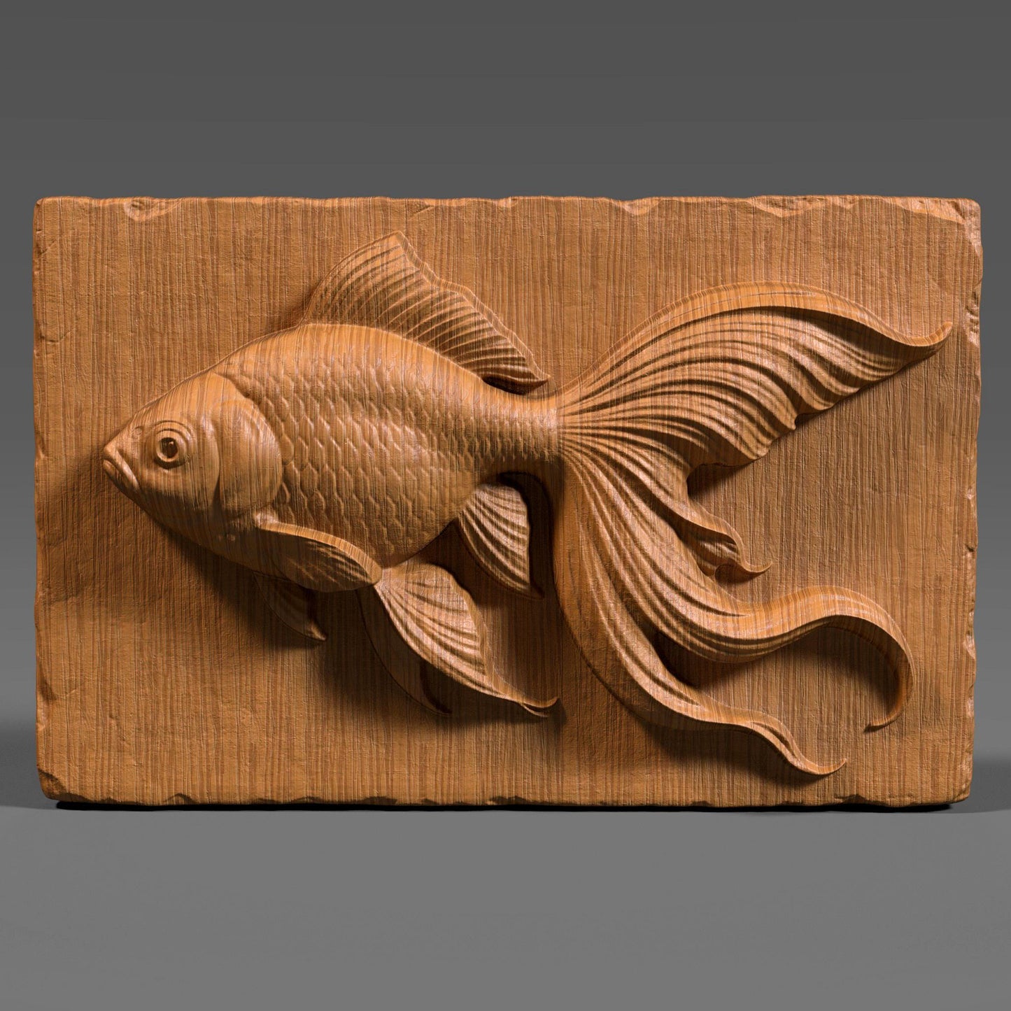 This elegant Goldfish Bas Relief Carving captures the beauty and fluid motion of a long-finned goldfish swimming gracefully. The flowing tail and detailed scales add a sense of realism and delicacy, framed on a rectangular slab with a natural wood texture and chipped edges. A perfect choice for CNC routers, laser engraving, or 3D printing.
