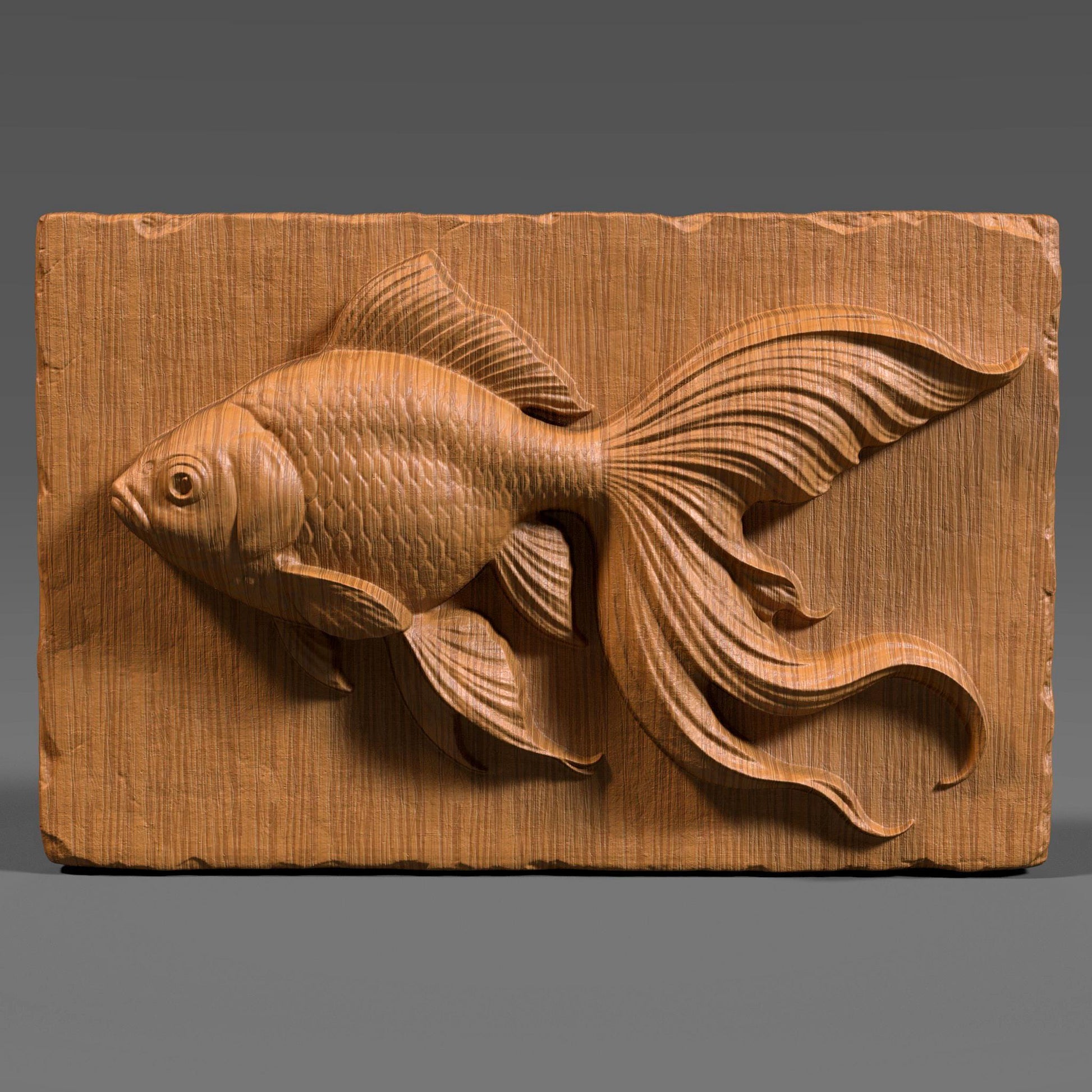 This elegant Goldfish Bas Relief Carving captures the beauty and fluid motion of a long-finned goldfish swimming gracefully. The flowing tail and detailed scales add a sense of realism and delicacy, framed on a rectangular slab with a natural wood texture and chipped edges. A perfect choice for CNC routers, laser engraving, or 3D printing.