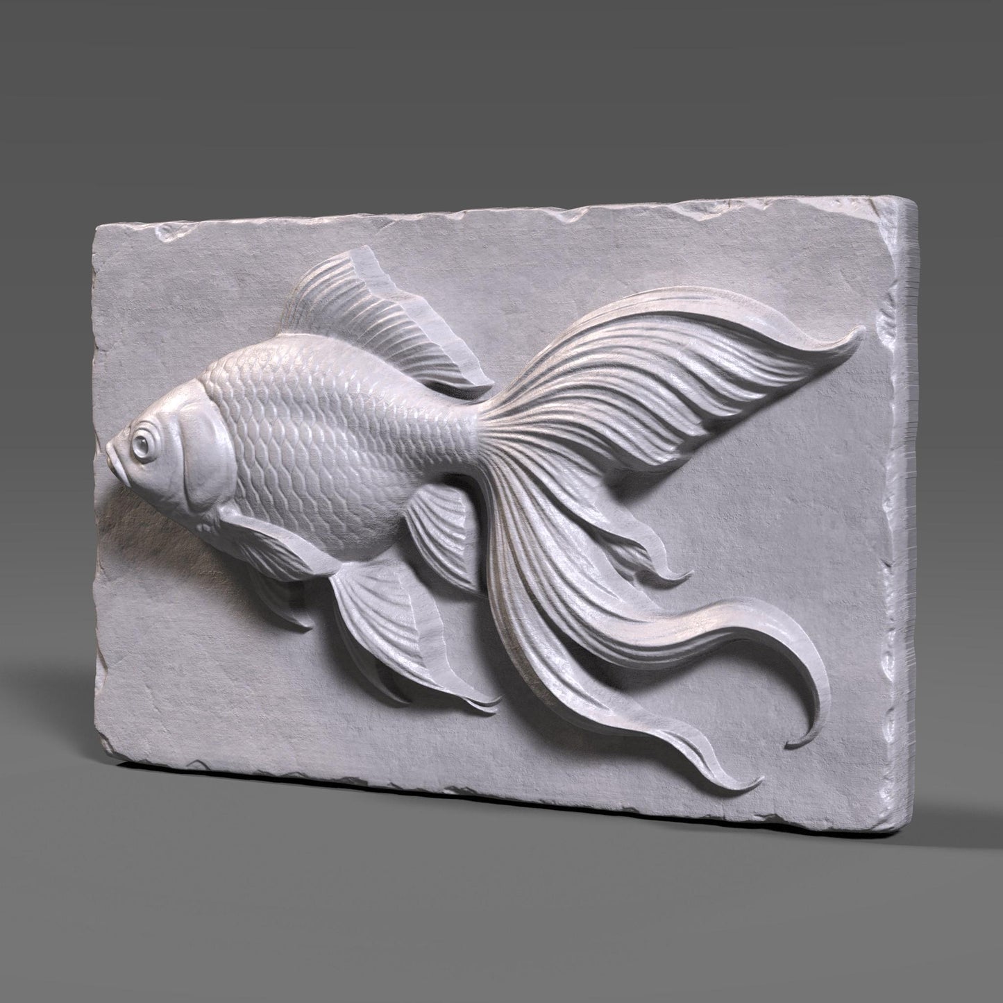 This elegant Goldfish Bas Relief Carving captures the beauty and fluid motion of a long-finned goldfish swimming gracefully. The flowing tail and detailed scales add a sense of realism and delicacy, framed on a rectangular slab with a natural wood texture and chipped edges. A perfect choice for CNC routers, laser engraving, or 3D printing.
