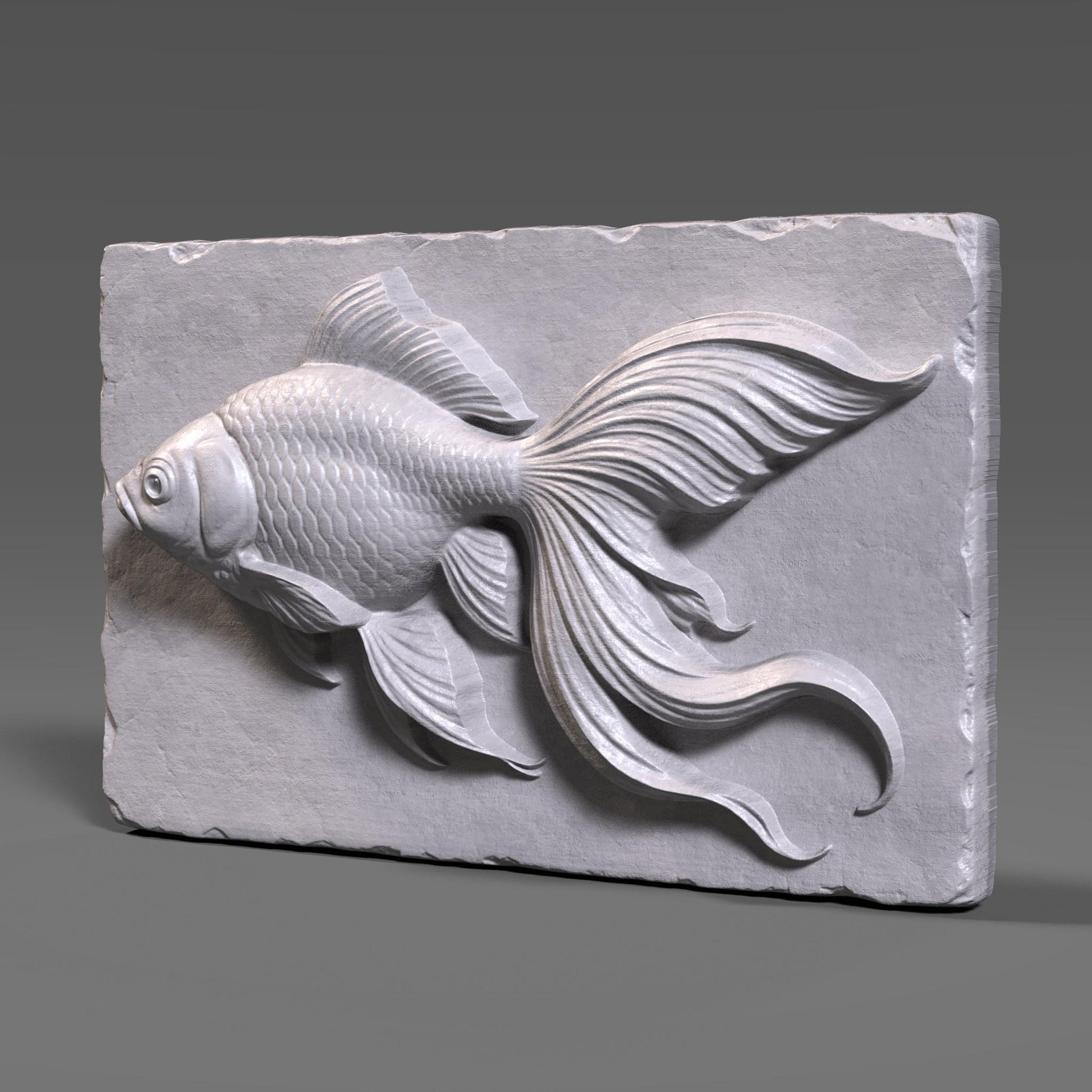 This elegant Goldfish Bas Relief Carving captures the beauty and fluid motion of a long-finned goldfish swimming gracefully. The flowing tail and detailed scales add a sense of realism and delicacy, framed on a rectangular slab with a natural wood texture and chipped edges. A perfect choice for CNC routers, laser engraving, or 3D printing.