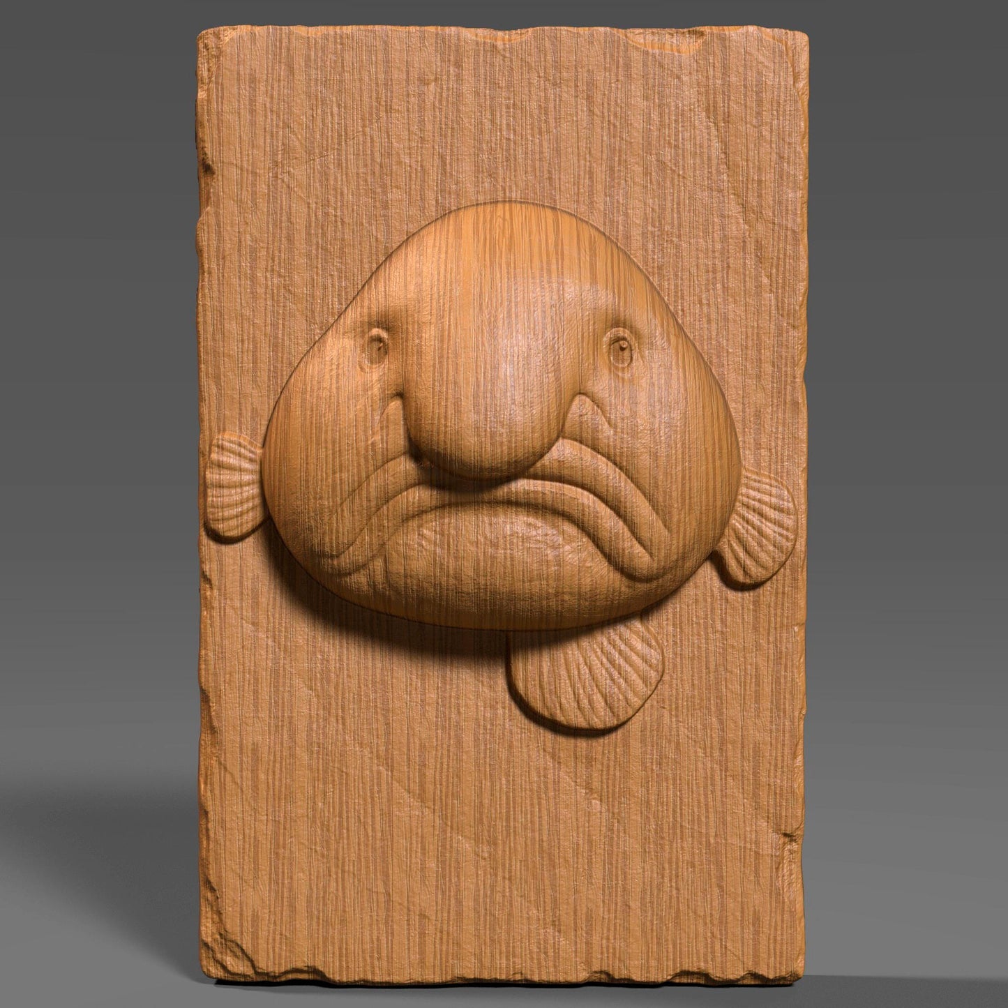 Add a touch of humor and sea-life charm to your decor with this unique Blobfish Bas Relief Wood Art. Known for its iconic frown and squishy look, the blobfish is a favorite among marine lovers and collectors of the bizarre. This 3D digital panel features finely sculpted facial folds, soft textures, and realistic anatomical detail, carved on a chipped-edge slab that enhances its handcrafted feel.