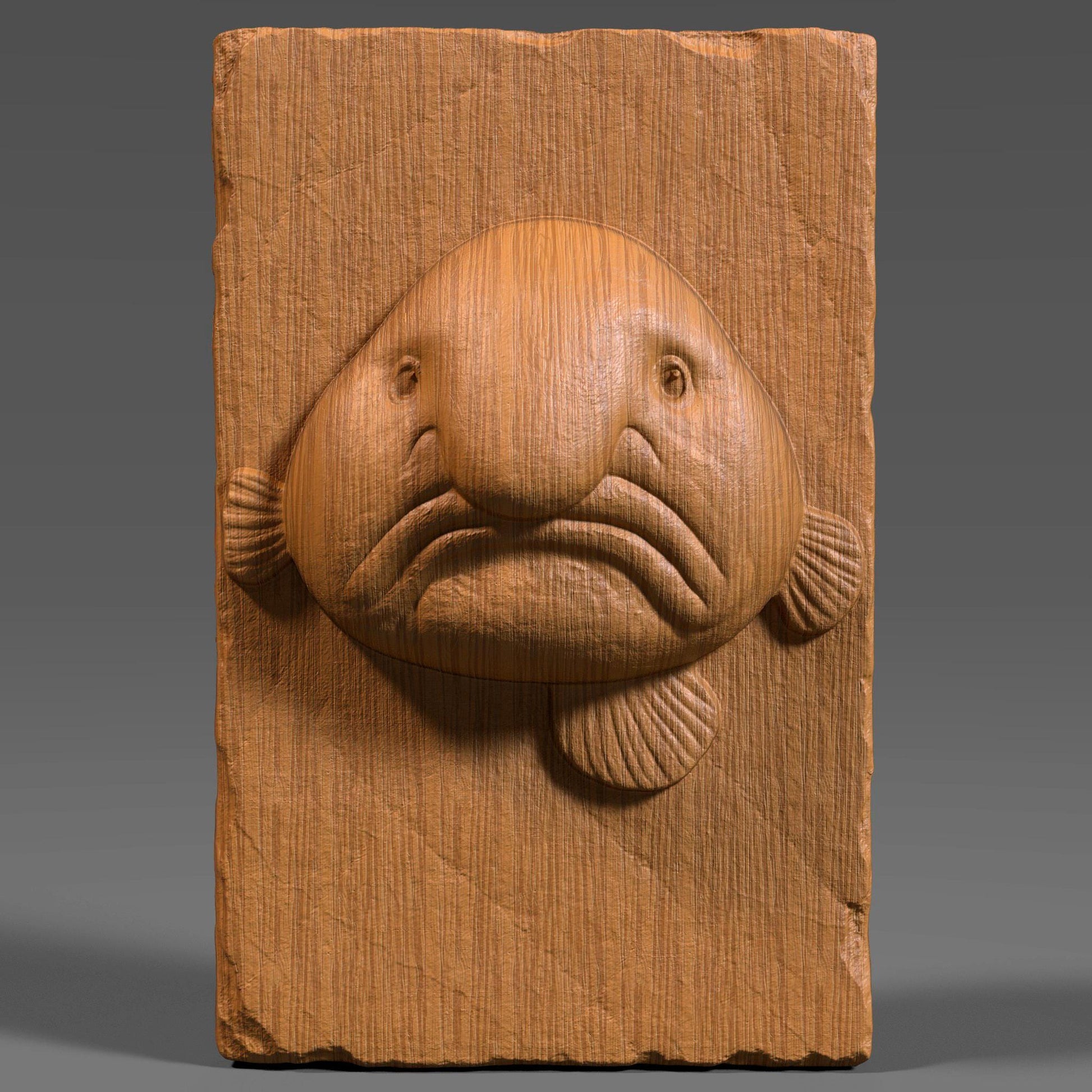 Add a touch of humor and sea-life charm to your decor with this unique Blobfish Bas Relief Wood Art. Known for its iconic frown and squishy look, the blobfish is a favorite among marine lovers and collectors of the bizarre. This 3D digital panel features finely sculpted facial folds, soft textures, and realistic anatomical detail, carved on a chipped-edge slab that enhances its handcrafted feel.