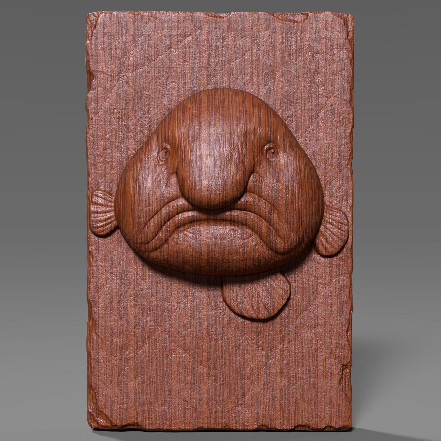 Add a touch of humor and sea-life charm to your decor with this unique Blobfish Bas Relief Wood Art. Known for its iconic frown and squishy look, the blobfish is a favorite among marine lovers and collectors of the bizarre. This 3D digital panel features finely sculpted facial folds, soft textures, and realistic anatomical detail, carved on a chipped-edge slab that enhances its handcrafted feel.