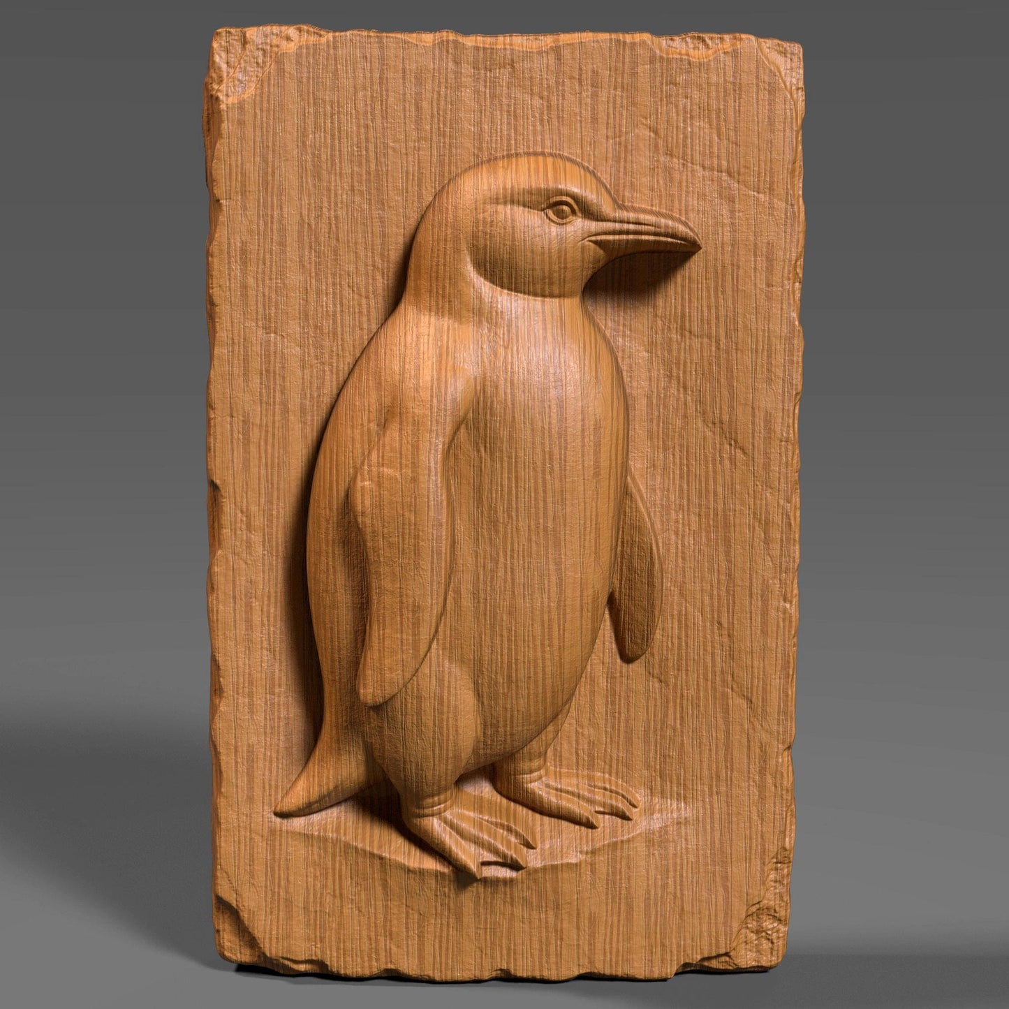 A beautifully crafted 3D bas-relief of a standing penguin carved into a vertically oriented wooden slab with chipped, rustic edges. The penguin is depicted in profile with carefully detailed wings, feet, and beak, capturing its natural stance and charm. This design is ideal for CNC carving, laser engraving, or 3D printing, and is perfect for wildlife enthusiasts, arctic animal lovers, and rustic nature-themed home decor or nursery wall art.