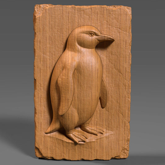 A beautifully crafted 3D bas-relief of a standing penguin carved into a vertically oriented wooden slab with chipped, rustic edges. The penguin is depicted in profile with carefully detailed wings, feet, and beak, capturing its natural stance and charm. This design is ideal for CNC carving, laser engraving, or 3D printing, and is perfect for wildlife enthusiasts, arctic animal lovers, and rustic nature-themed home decor or nursery wall art.