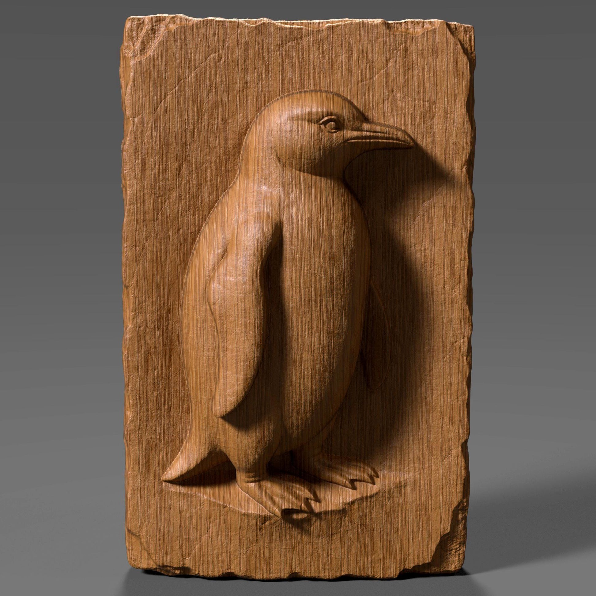A beautifully crafted 3D bas-relief of a standing penguin carved into a vertically oriented wooden slab with chipped, rustic edges. The penguin is depicted in profile with carefully detailed wings, feet, and beak, capturing its natural stance and charm. This design is ideal for CNC carving, laser engraving, or 3D printing, and is perfect for wildlife enthusiasts, arctic animal lovers, and rustic nature-themed home decor or nursery wall art.
