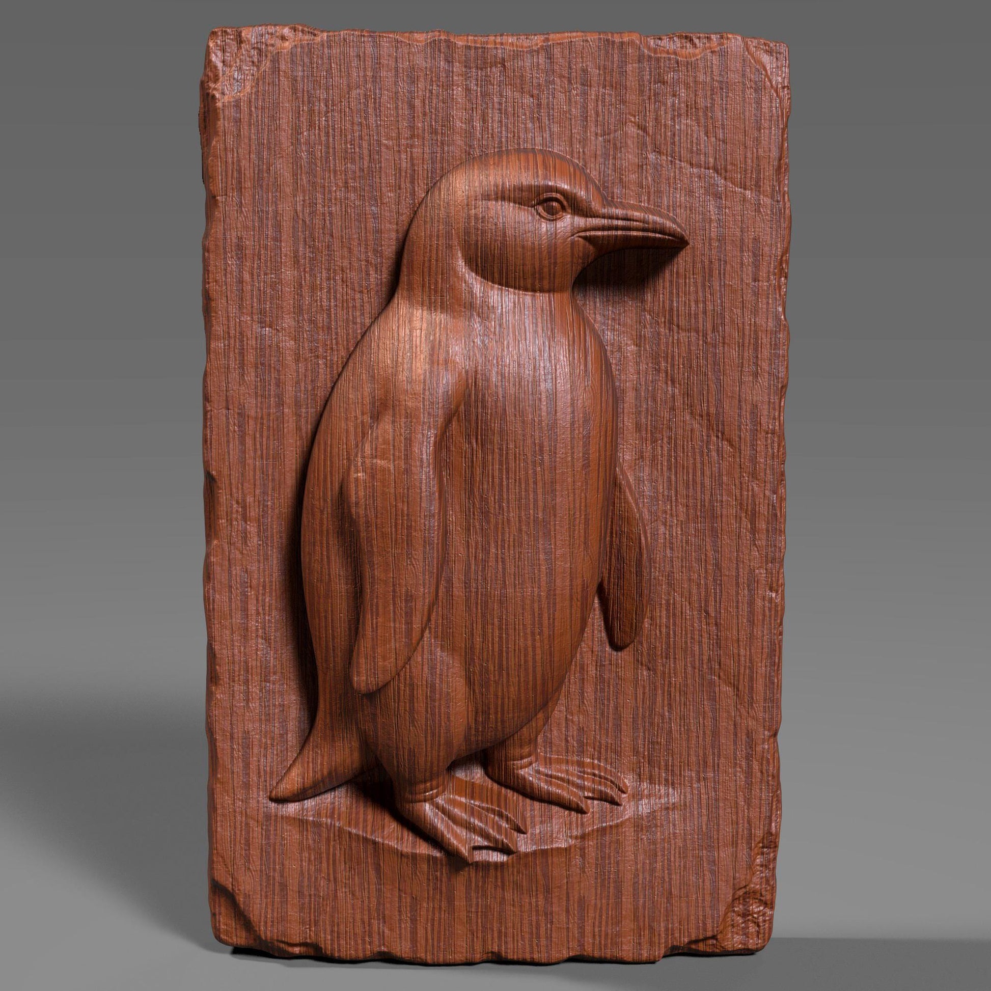 A beautifully crafted 3D bas-relief of a standing penguin carved into a vertically oriented wooden slab with chipped, rustic edges. The penguin is depicted in profile with carefully detailed wings, feet, and beak, capturing its natural stance and charm. This design is ideal for CNC carving, laser engraving, or 3D printing, and is perfect for wildlife enthusiasts, arctic animal lovers, and rustic nature-themed home decor or nursery wall art.