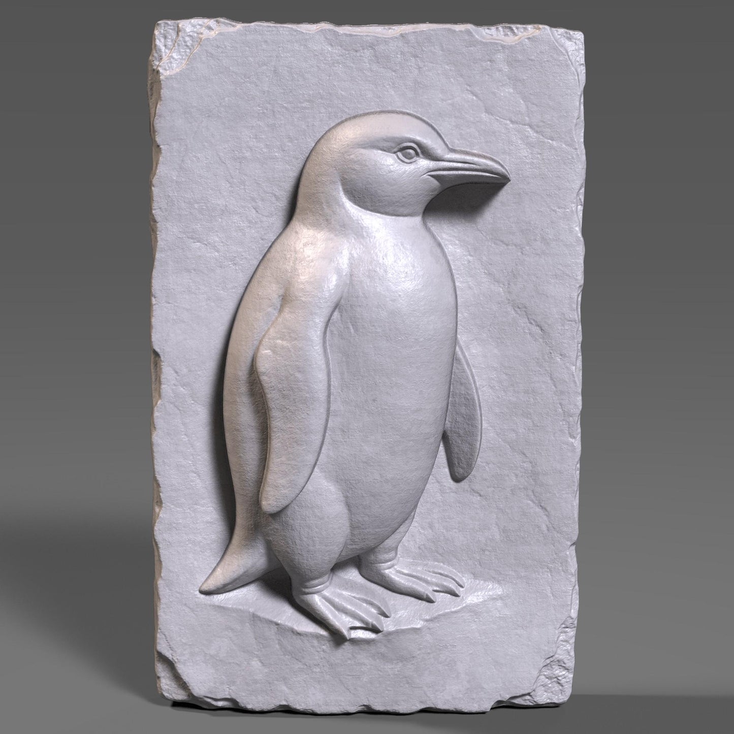 A beautifully crafted 3D bas-relief of a standing penguin carved into a vertically oriented wooden slab with chipped, rustic edges. The penguin is depicted in profile with carefully detailed wings, feet, and beak, capturing its natural stance and charm. This design is ideal for CNC carving, laser engraving, or 3D printing, and is perfect for wildlife enthusiasts, arctic animal lovers, and rustic nature-themed home decor or nursery wall art.