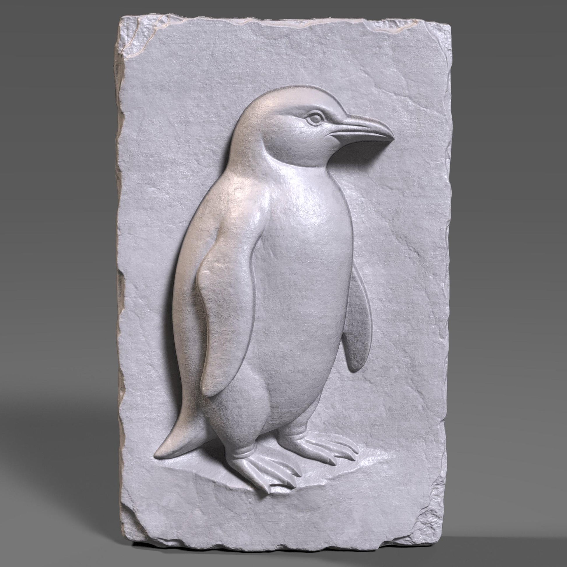 A beautifully crafted 3D bas-relief of a standing penguin carved into a vertically oriented wooden slab with chipped, rustic edges. The penguin is depicted in profile with carefully detailed wings, feet, and beak, capturing its natural stance and charm. This design is ideal for CNC carving, laser engraving, or 3D printing, and is perfect for wildlife enthusiasts, arctic animal lovers, and rustic nature-themed home decor or nursery wall art.