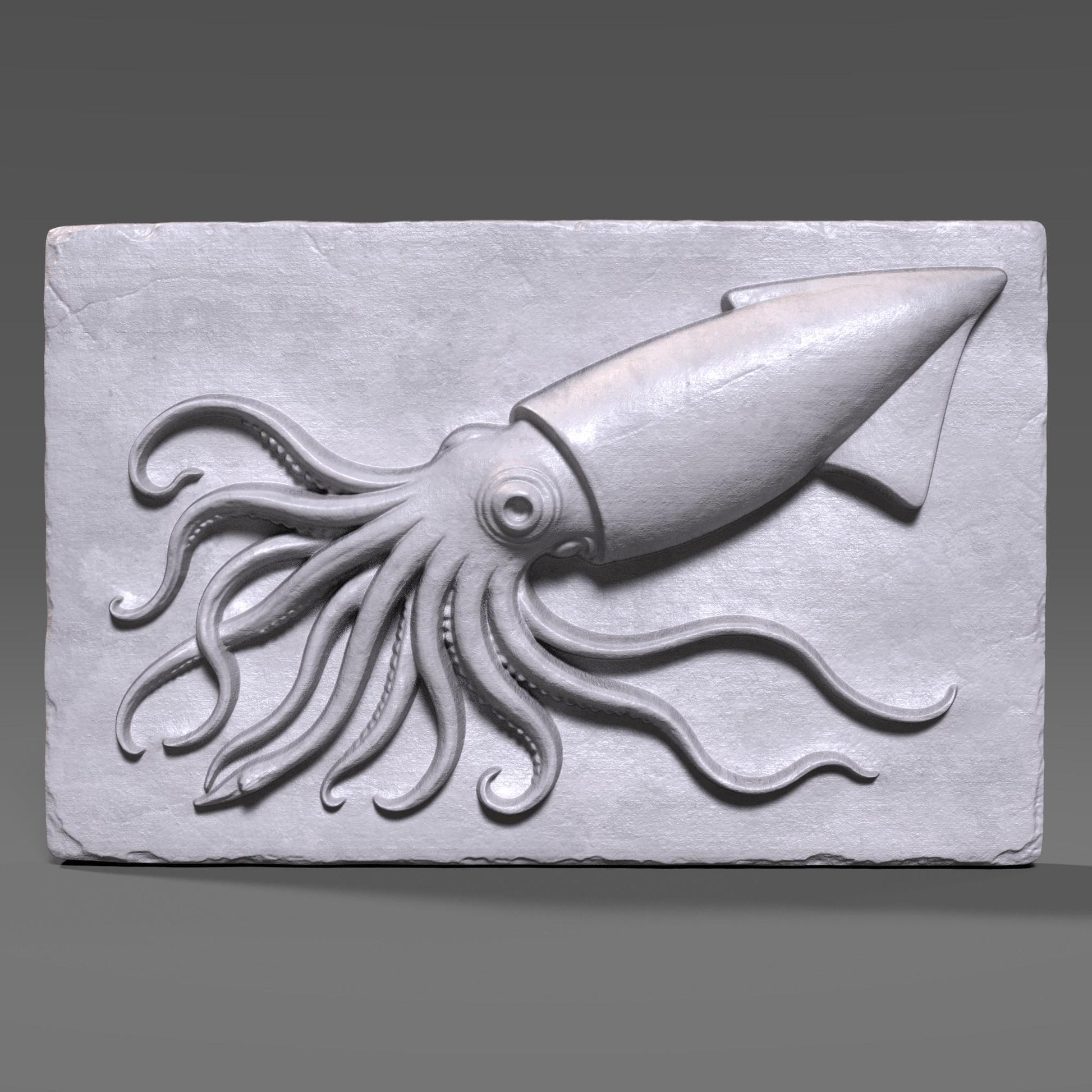 A highly detailed 3D bas relief carving of a squid crafted in a rich reddish-brown wood tone. The squid is positioned diagonally on a rectangular slab with its long tentacles dynamically flowing in various directions, creating a sense of motion. Each tentacle is intricately rendered with natural curvature and suction cups, while the squid’s large eye and streamlined body give it a lifelike presence. The background slab has chipped, rough edges and a vertical wood grain texture.