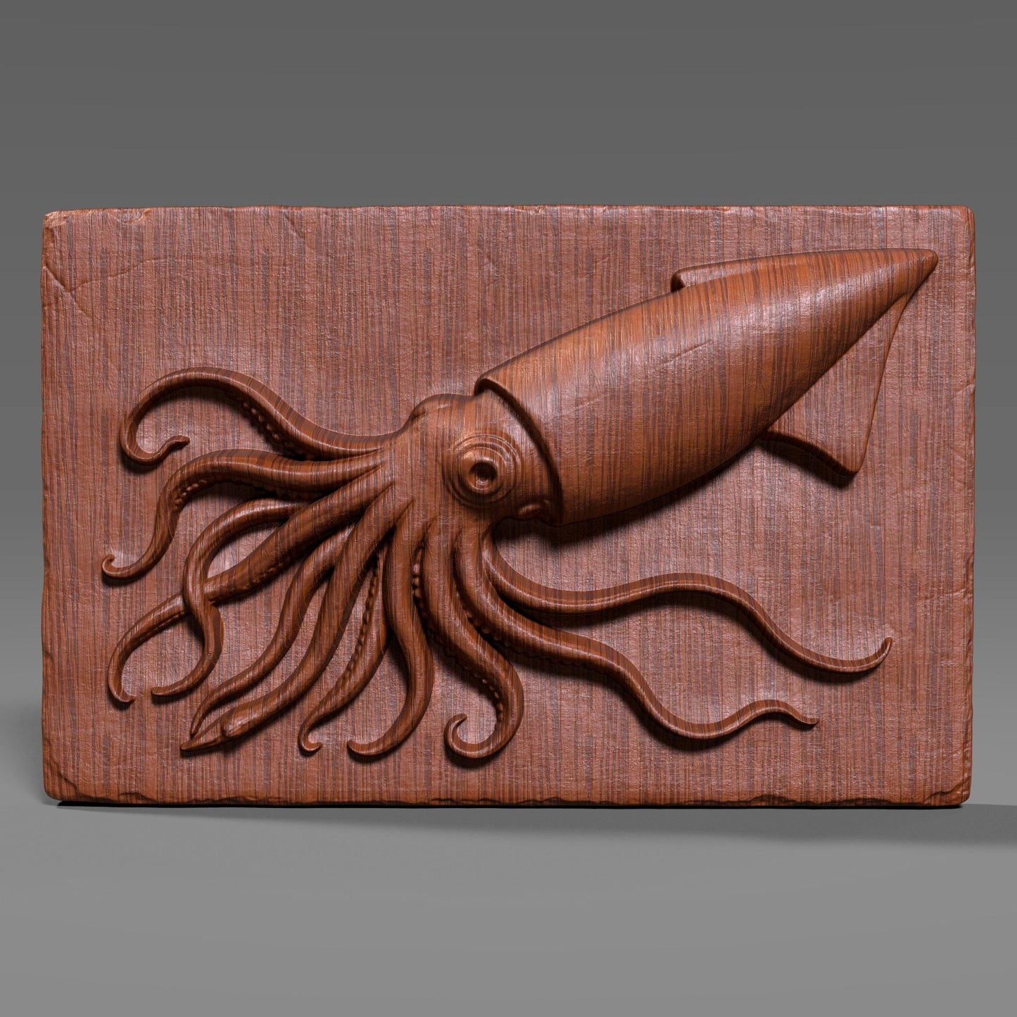 A highly detailed 3D bas relief carving of a squid crafted in a rich reddish-brown wood tone. The squid is positioned diagonally on a rectangular slab with its long tentacles dynamically flowing in various directions, creating a sense of motion. Each tentacle is intricately rendered with natural curvature and suction cups, while the squid’s large eye and streamlined body give it a lifelike presence. The background slab has chipped, rough edges and a vertical wood grain texture.
