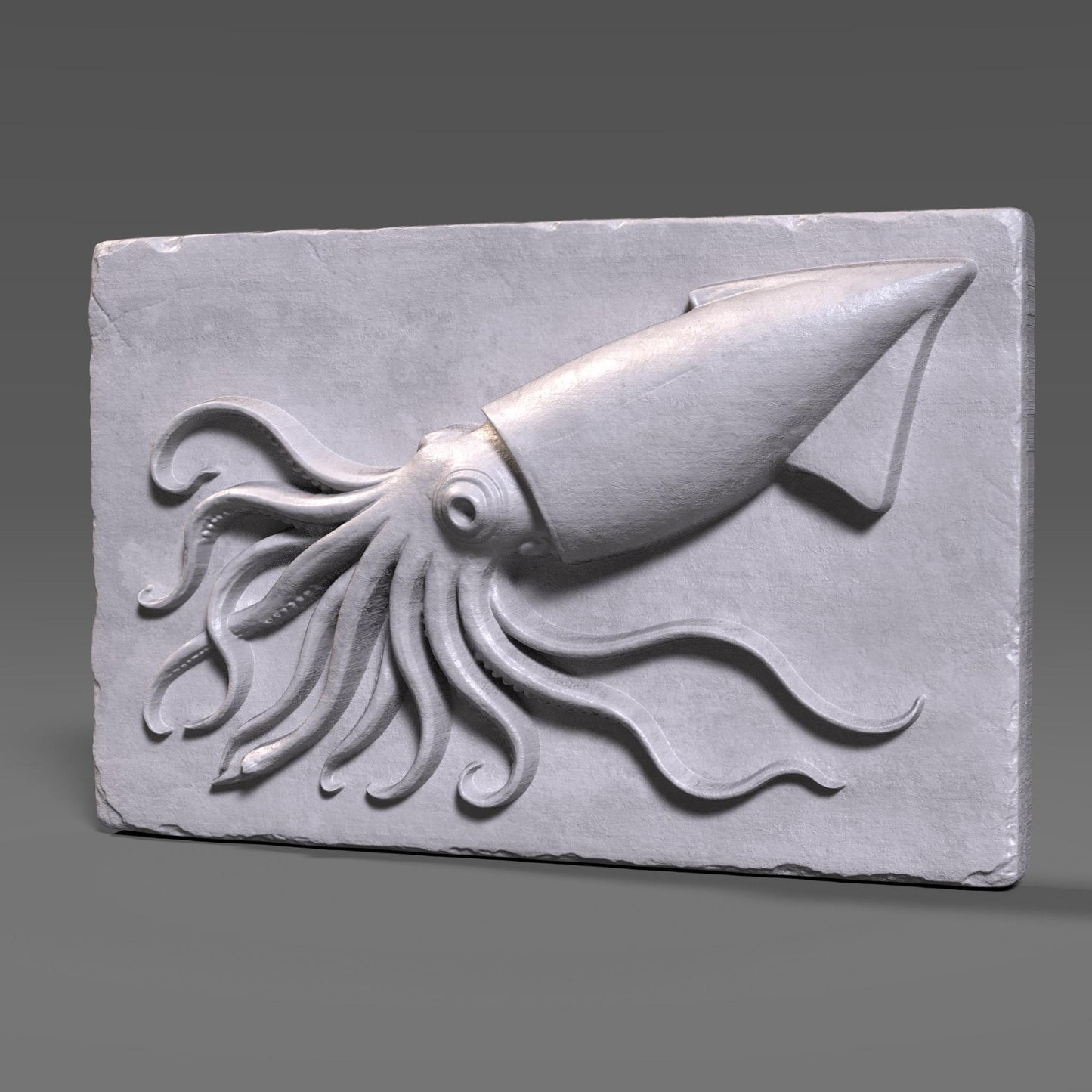 A highly detailed 3D bas relief carving of a squid crafted in a rich reddish-brown wood tone. The squid is positioned diagonally on a rectangular slab with its long tentacles dynamically flowing in various directions, creating a sense of motion. Each tentacle is intricately rendered with natural curvature and suction cups, while the squid’s large eye and streamlined body give it a lifelike presence. The background slab has chipped, rough edges and a vertical wood grain texture.