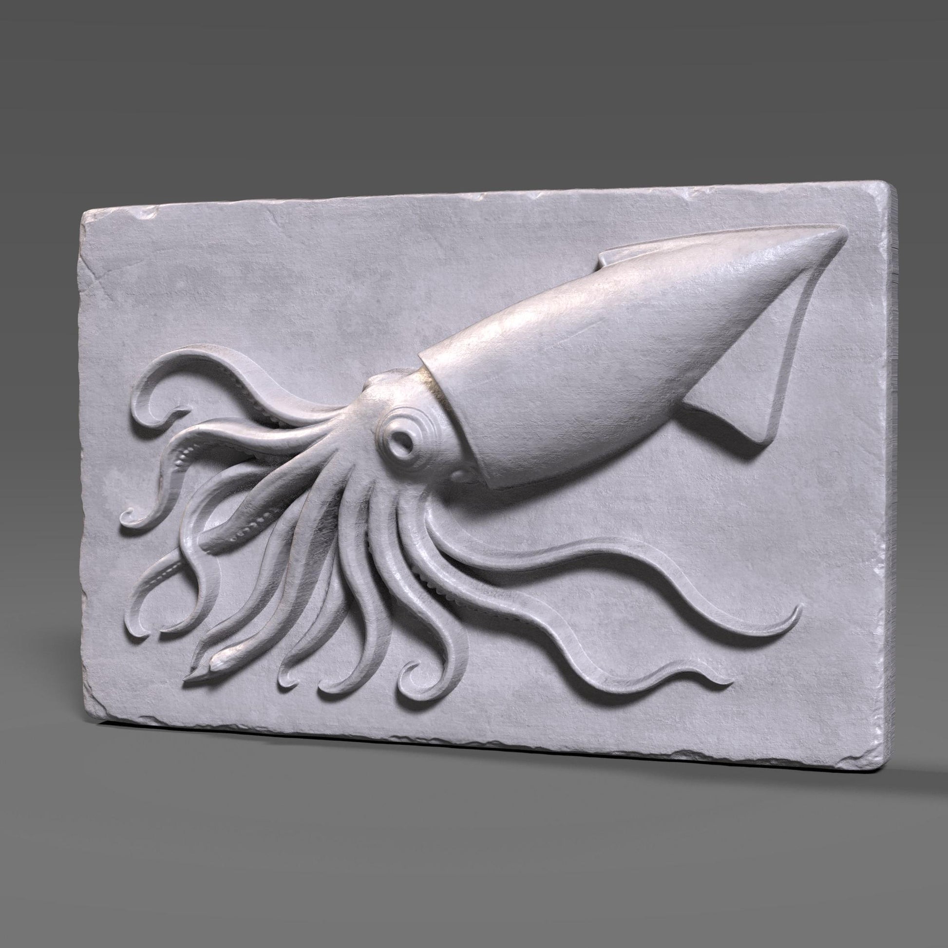 A highly detailed 3D bas relief carving of a squid crafted in a rich reddish-brown wood tone. The squid is positioned diagonally on a rectangular slab with its long tentacles dynamically flowing in various directions, creating a sense of motion. Each tentacle is intricately rendered with natural curvature and suction cups, while the squid’s large eye and streamlined body give it a lifelike presence. The background slab has chipped, rough edges and a vertical wood grain texture.
