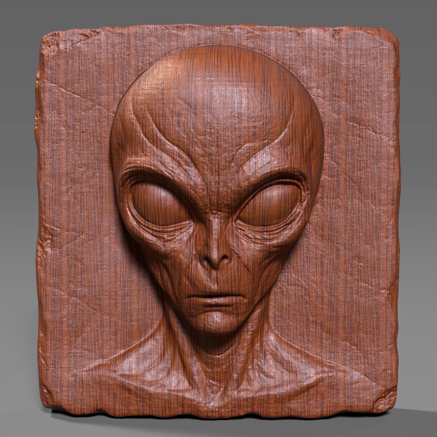 Highly detailed 3D bas relief carving of a creepy alien face on a rectangular wooden slab with chipped edges, perfect for Halloween or horror decor. The extraterrestrial figure features a bald elongated head, large almond-shaped eyes, and sunken facial features that give it an ominous and mysterious expression. The vertical wood grain texture enhances its eerie vibe. Designed for CNC carving, laser engraving, or 3D printing, this spooky wall art makes a haunting sci-fi statement.